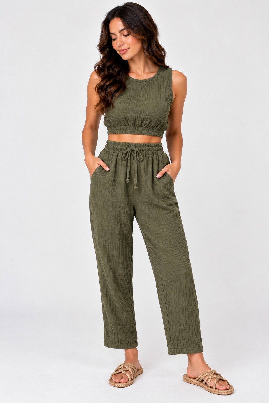 WENOR Stoffhose Damen Musselin Hose Baumwolle Tapered Sommerhose Knöchellänge, elastischer Bund, lässiger Style