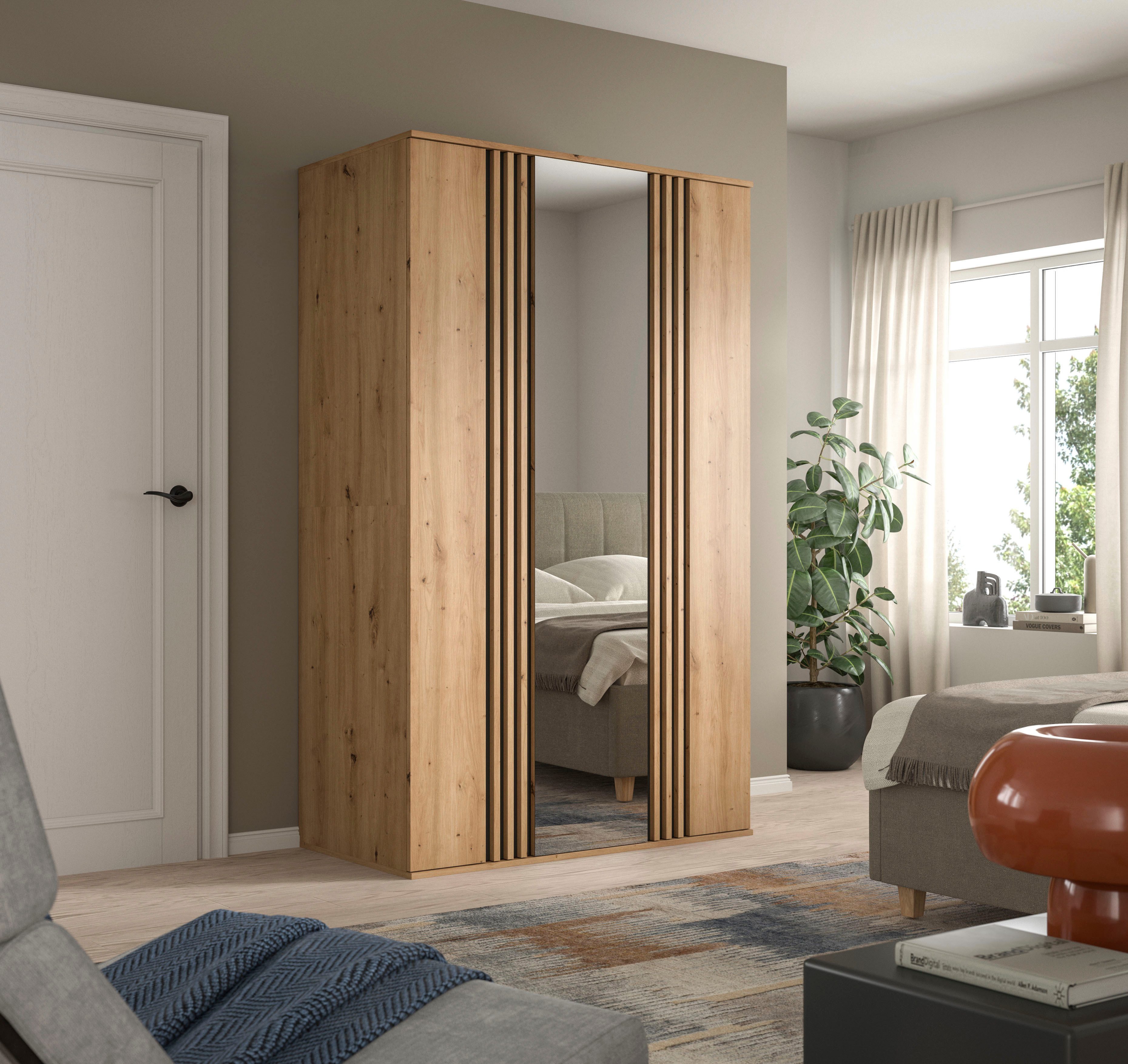 Home affaire Kleiderschrank ALVA, Breite 120 cm, mit griffloser Front in Paneeloptik, Schrank (Schlafzimmerschrank in weiteren Ausführungen erhältlich) 3 Türen, davon 1 Spiegeltür, 1 Kleiderstange, 5 Einlegeböden