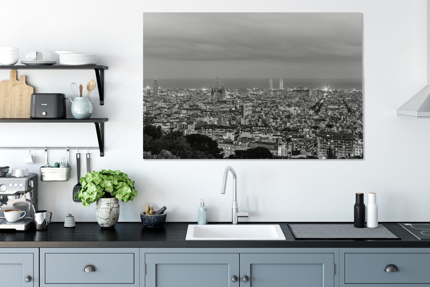 OneMillionCanvasses® großes, Wohnbereiche, cm in Abenddämmerung 120x80 Gemälde, Barcelona weiß, St), alle Leinwandbild der Wandbild - und für (1 schwarz XXL, Skyline