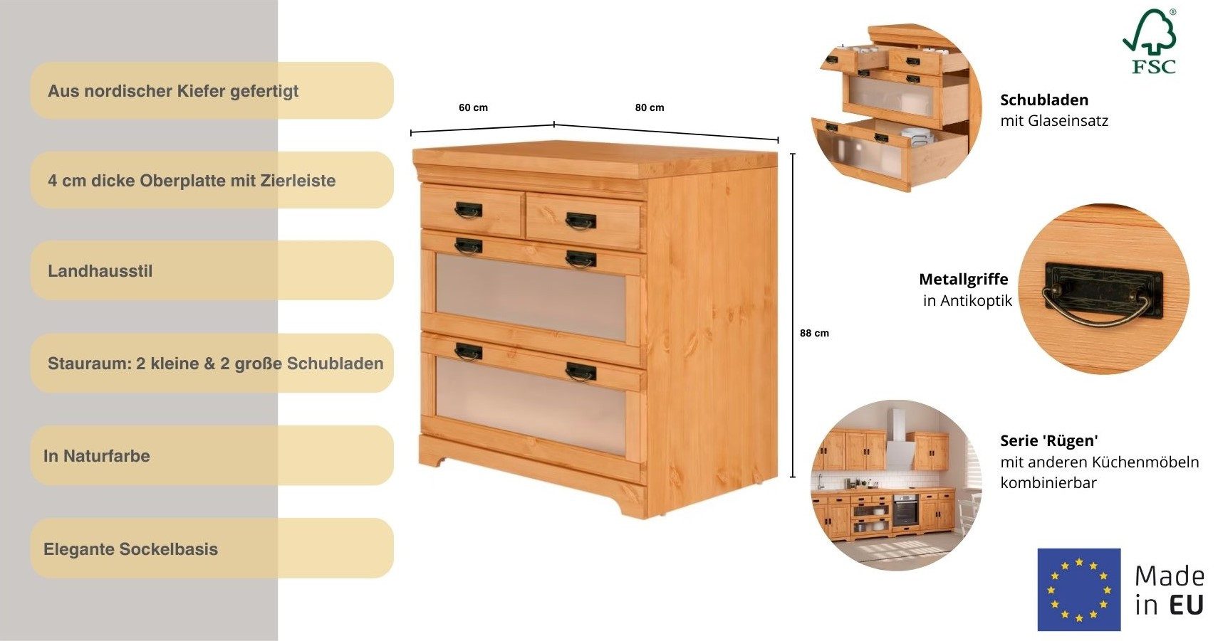 OTTO home Unterschrank Rügen Breite 80 cm, Kiefer massiv, Schubkästen mit Glaseinsatz