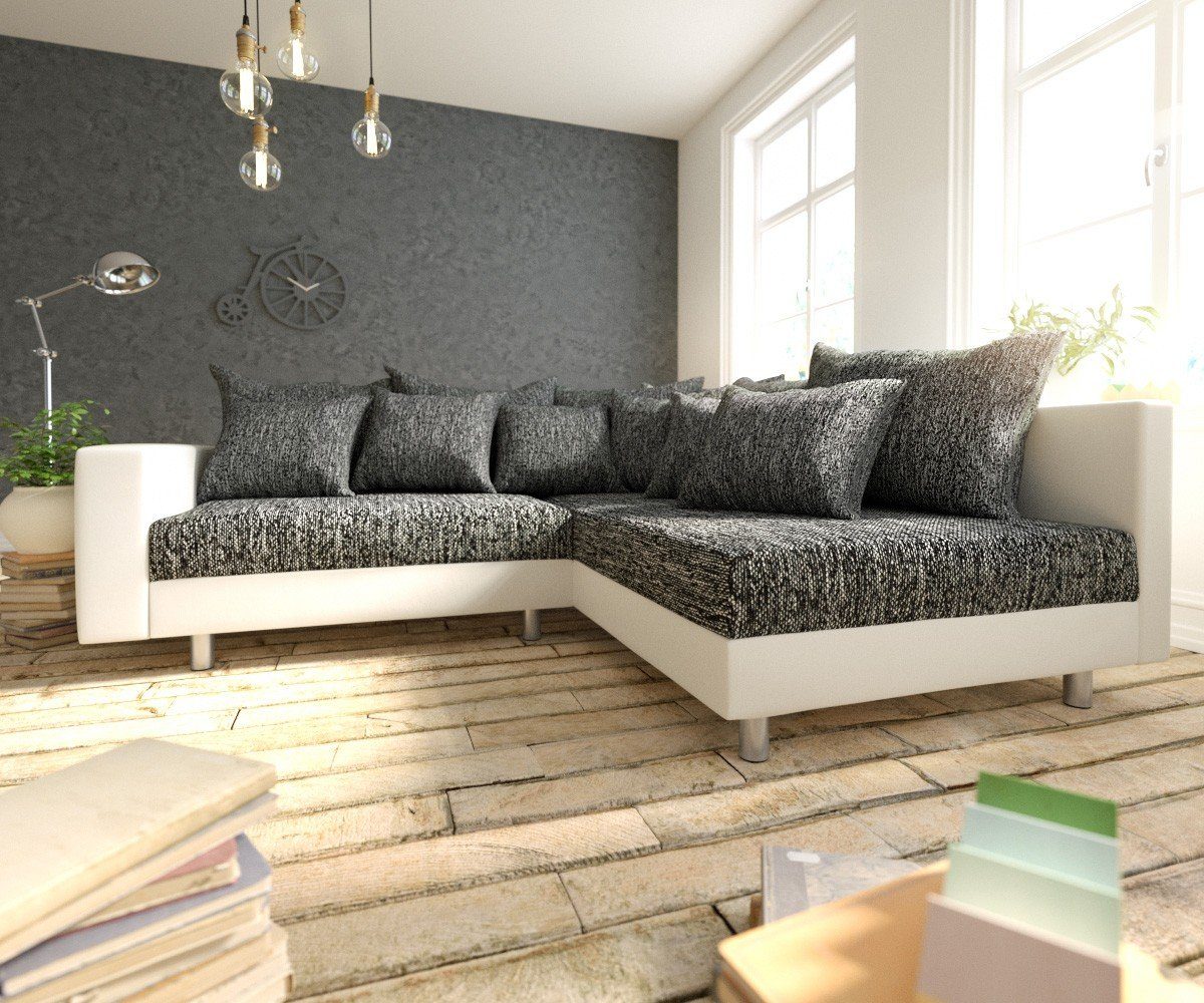 DELIFE Ecksofa Clovis, Weiss Schwarz Hocker günstig online kaufen