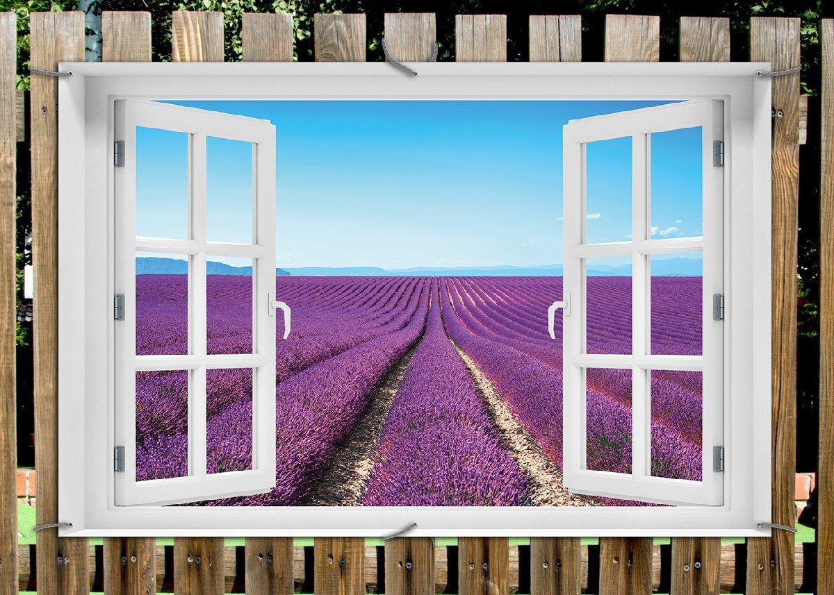 Thumbnail - Wallario Sichtschutzzaunmatten Lavendelfeld unter blauem Himmel, mit Fenster-Illusion