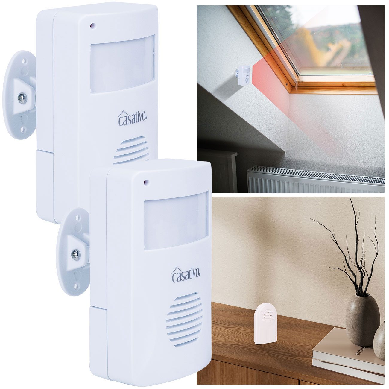 Casativo Bewegungsmelder Funk-Durchgangsmelder PIR-Sensor 8m Kabelloser Alarm-Bewegungsmelder, (2-St., 1er-Set & 2er-Set), 8m PIR-Sensor, 30m Reichweite & 3 Klingel-Optionen