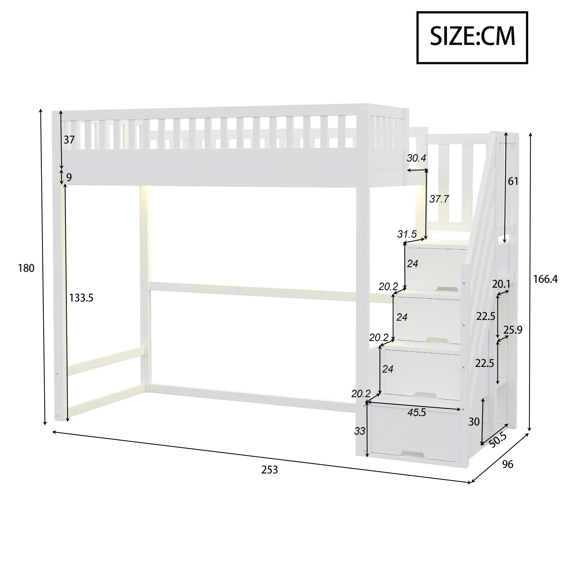 Odikalo Hochbett Hochbett mit Stauraum & Treppe, Weißes Holzbett aus Massiver Kiefer (Hochbett 140x200 / 90x200 cm mit Sicherheitsaufbewahrungsleiter, Sicherhei – Bild 5 von 5