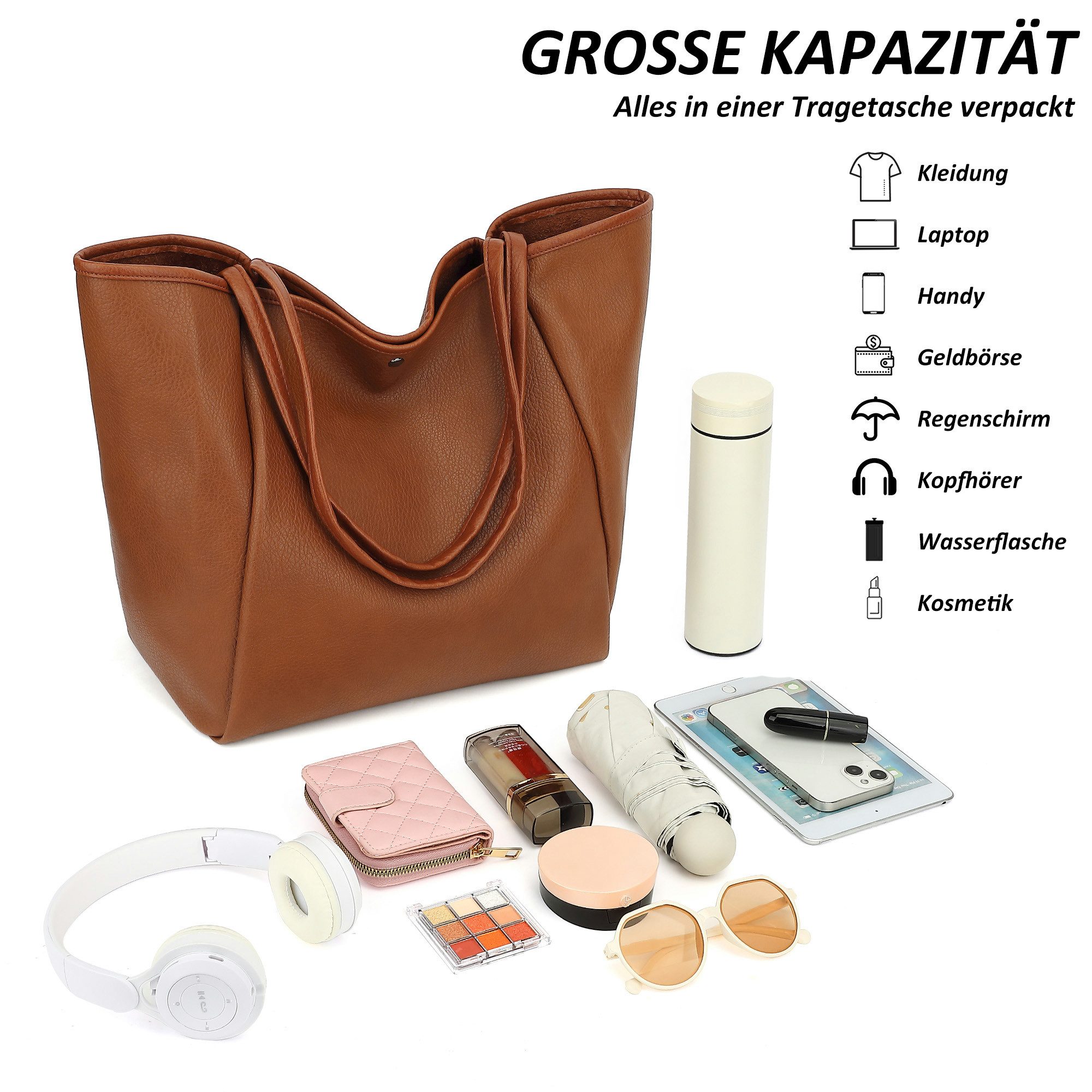 TAN.TOMI Schultertasche Damen Magnetverschluss Umhängetasche PU Leder Tote Shopper Bag, Mit Innentaschen und dekorative Anhänger für Arbeit, Schule, Einkauf – Bild 4 von 5