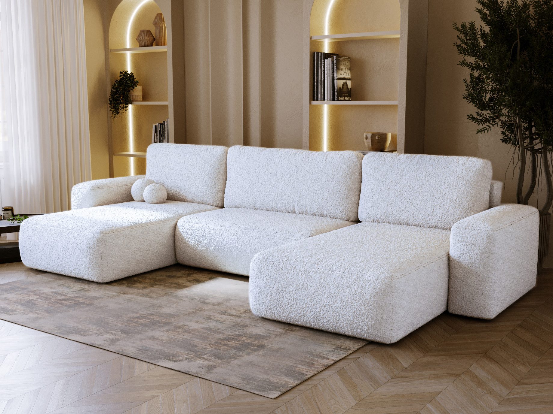 Compleo Ecksofa U-form, Japandi Design, Teddy- Boucle TEDIS, bequem