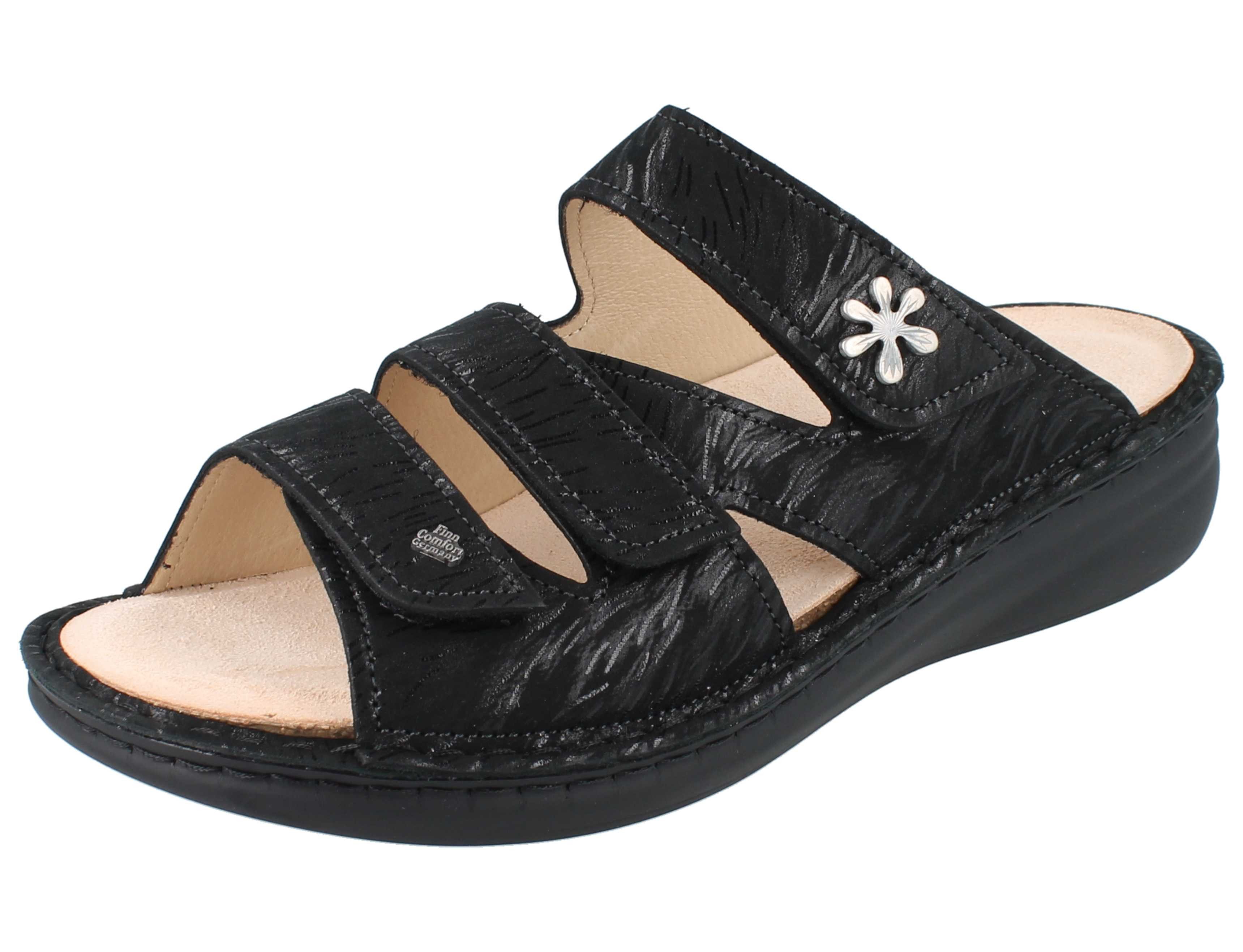 Finn Comfort FINN COMFORT Grenada Damen Pantolette schwarz bedrucktes Nubukleder - Pantolette Wechselfußbett