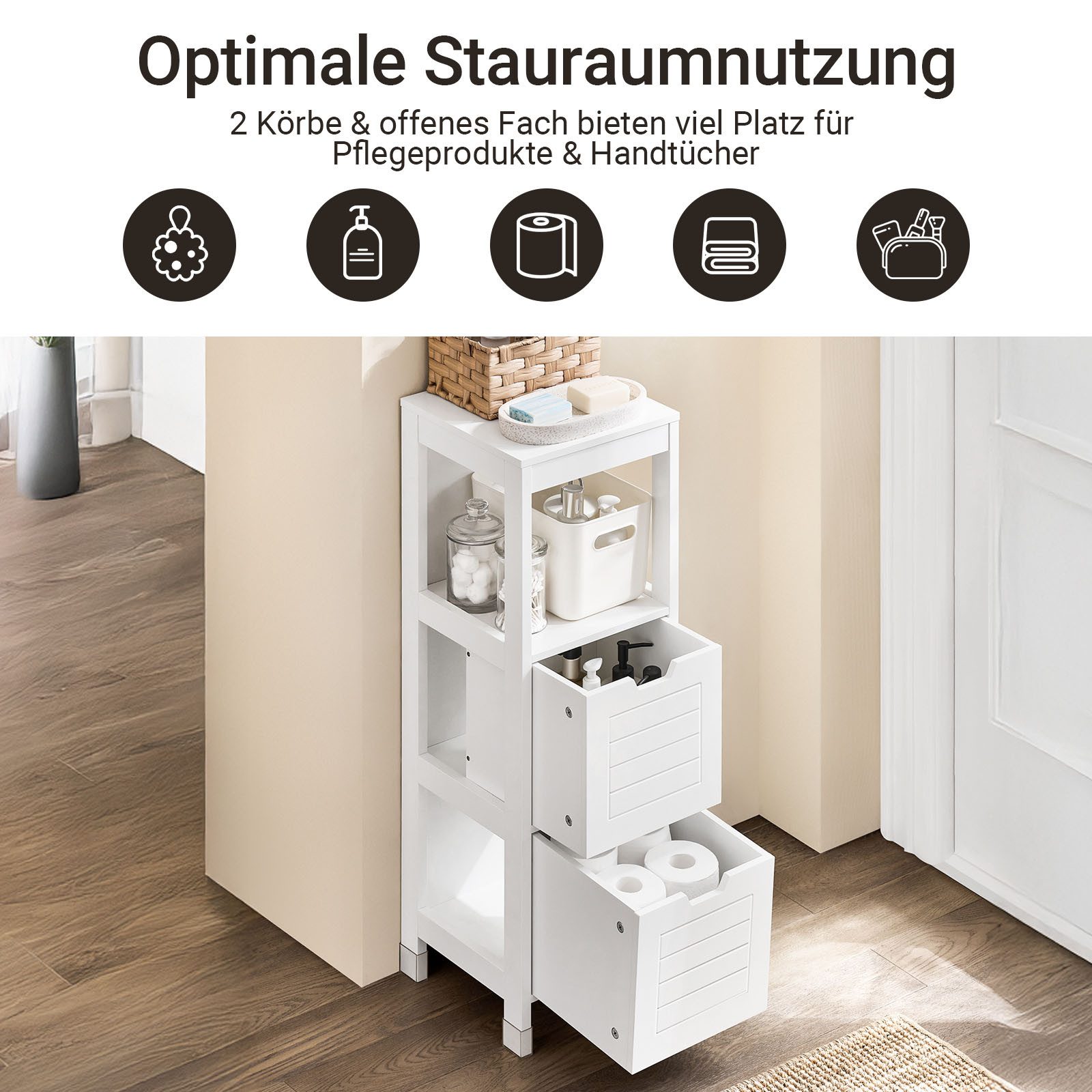 SoBuy Midischrank FRG127, Badezimmerregal mit 2 Körben Badschrank schmal Badregal Badkommode Kommode Badezimmerschrank aus Holz Eckschrank Badezimmer