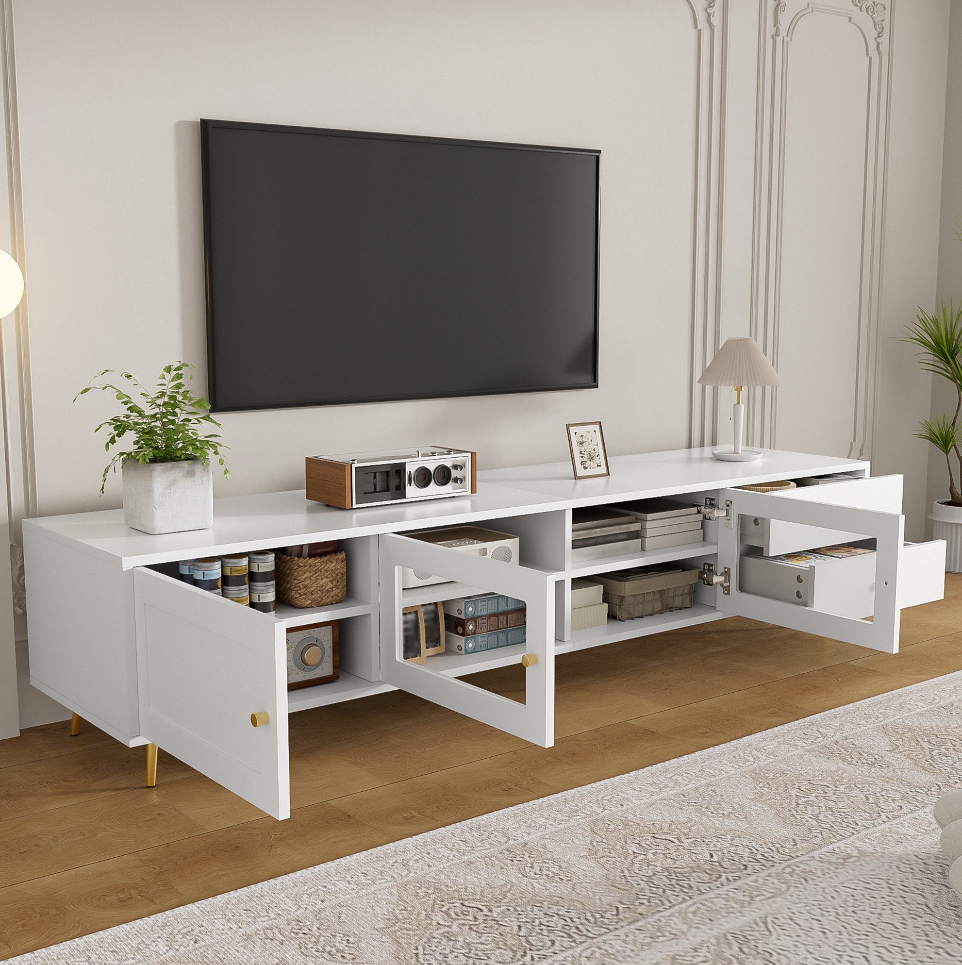 REDOM TV-Schrank TV-Sideboard, Lowboard mit 2 Schubladen, 2 Glastüren und Schranktür (170×40×28 cm, großzügiger Stauraum mit höhenverstellbaren, Fernsehschrank, Fernsehtisch)