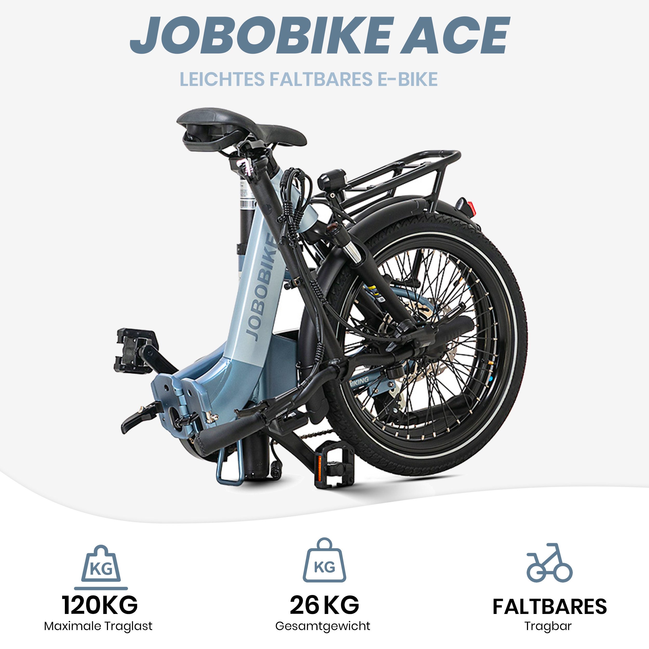 JOBOBIKE E-Bike Klapprad 20" für Damen & Herren, ACE Pro, Pedelec, 110 km, DMS, mit Tasche, 7 Gang Shimano, Kettenschaltung, Heckmotor, 360 Wh, (mit abnehmbarem Akku, mit Bluetooth, Drehmomentsensor), Kompakt & stark – das faltbare City-E-Bike für Alltag & Freizeit