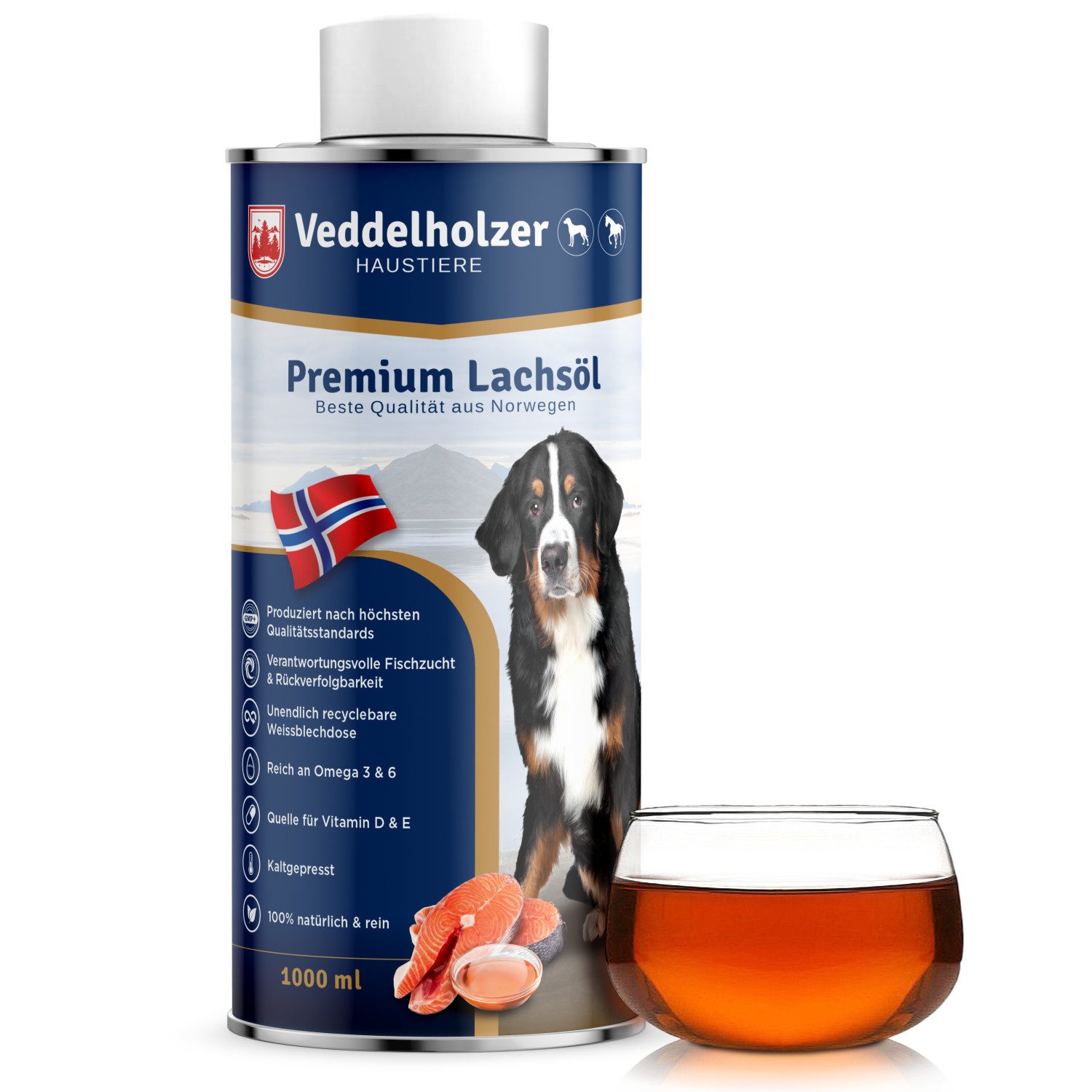 Veddelholzer Lachsöl für Hunde 1 Liter Ideale hochwertige Nahrungsergänzung, für: Hunde, Omega3 Fettsäuren & Vitamin E Nachhaltig Fischöl Hund Pferd & Umwelt