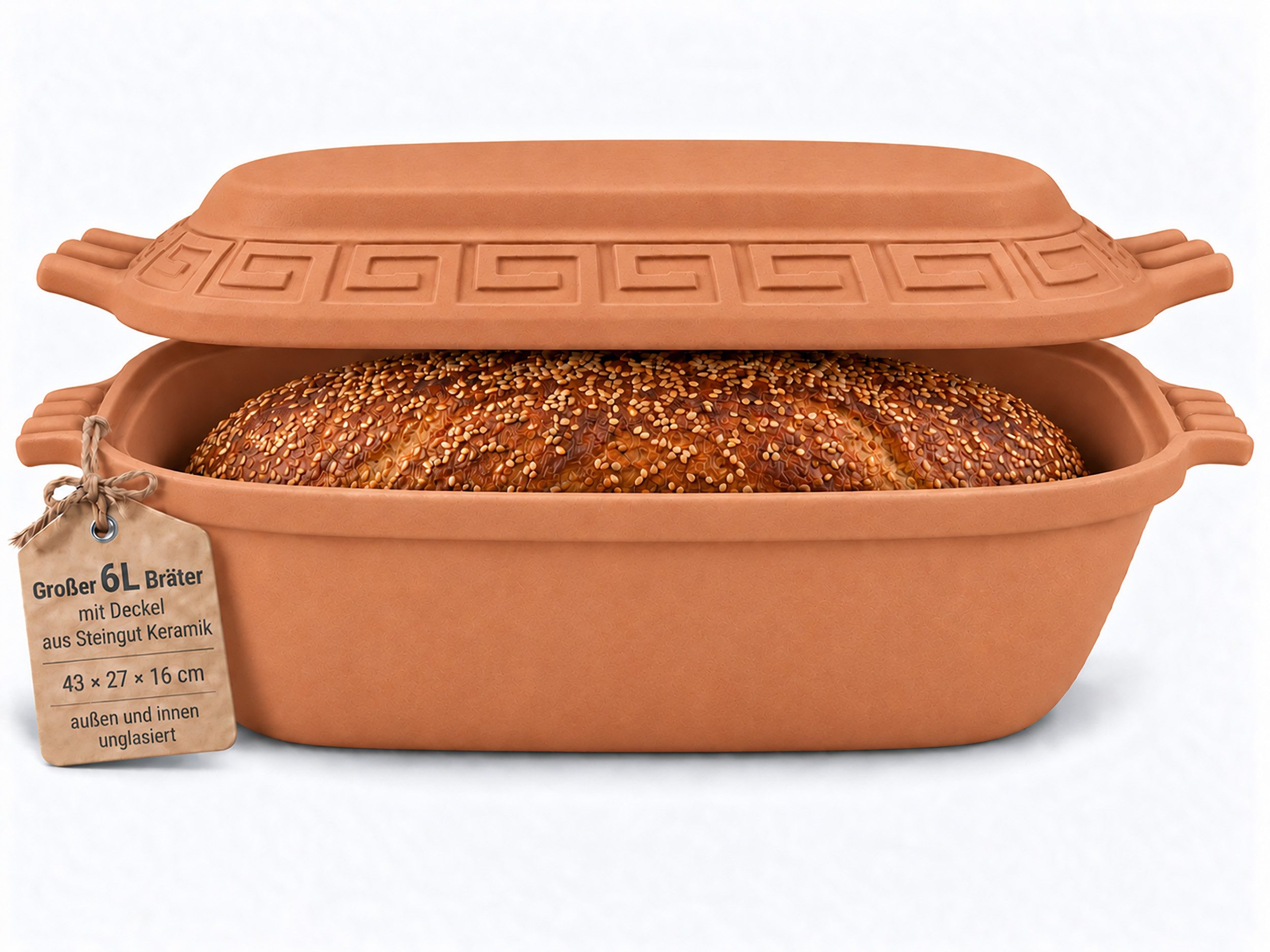 KERAZO Brotbackform großer 6L Keramik Bräter +Deckel Brottopf Auflaufform 43x27x16cm natur, Bräter unglasiert: Viel Platz für XXL-Brote & große Braten