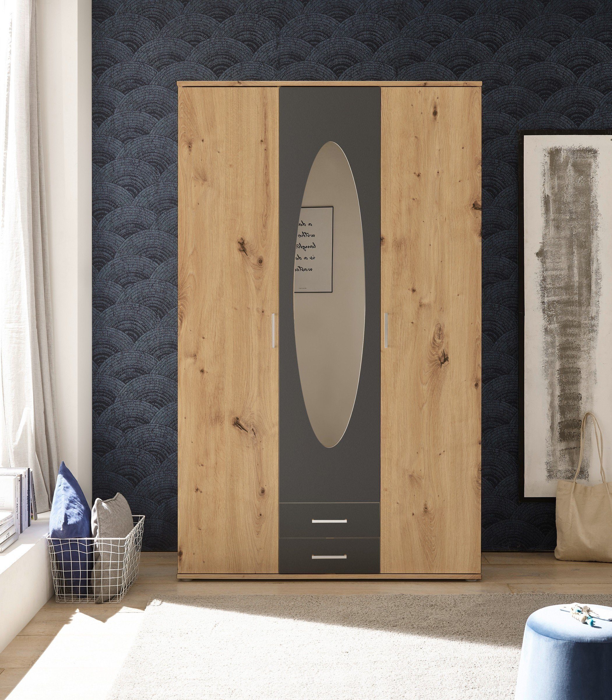 Pol-Power Kleiderschrank in Artisan Eiche / Graphit mit 2 Schubladen und 3 Türen (BxHxT: 120x195x55 cm)