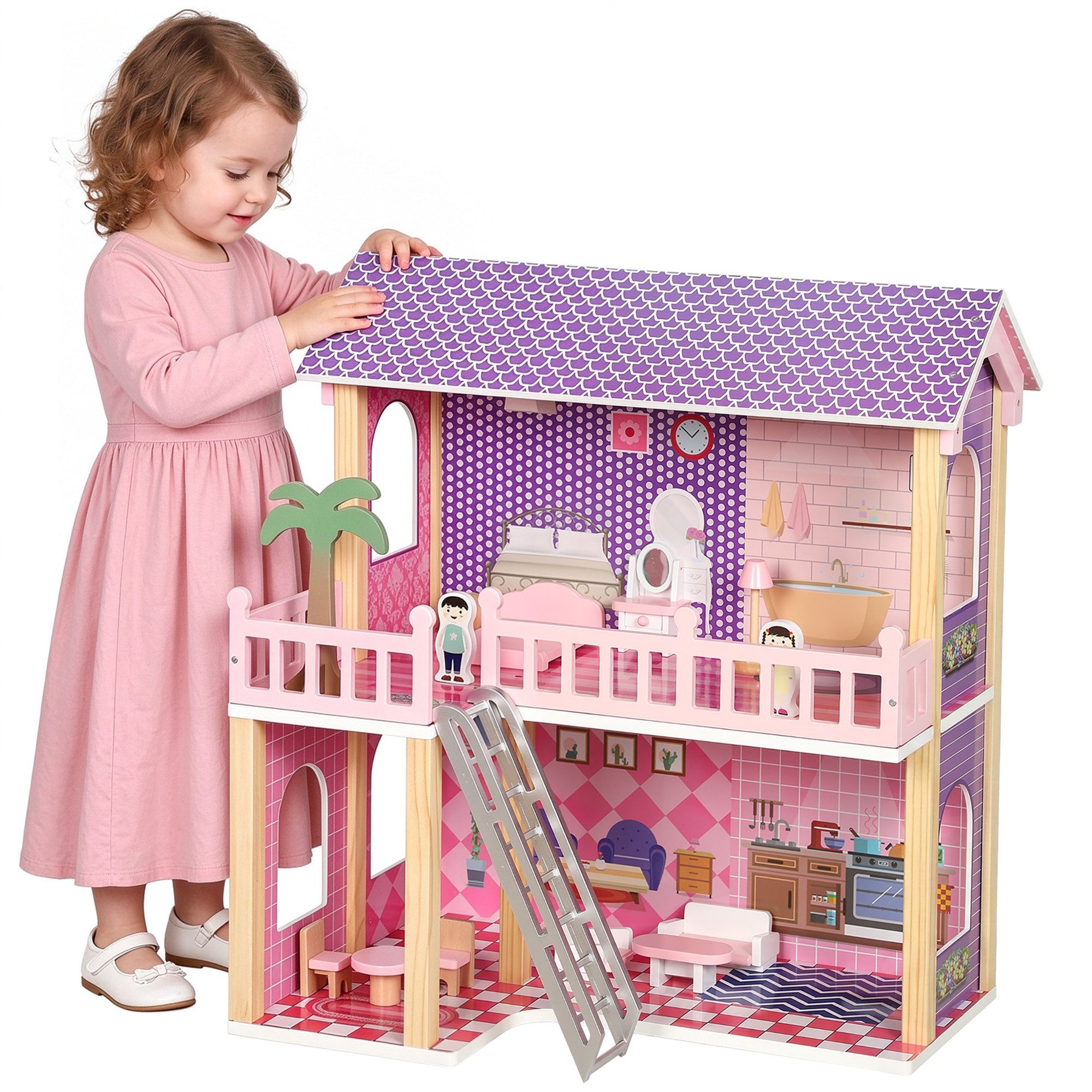 AIYAPLAY Puppenhaus 69 cm Hoch 2-stöckig mit 2 Puppen 11 Möbeln Leiter Balkon, (Puppenhaus-Spielset, 1-tlg., Puppenhaus), Geschenk für Mädchen von 3-6 Jahren Rosa