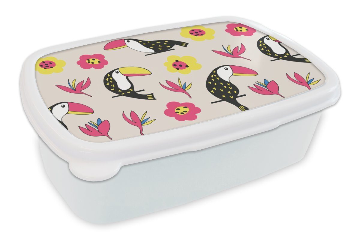 Lunchbox und Mädchen Muster Jungs Vogel Kinder für MuchoWow Kunststoff, - weiß Blume, für Brotbox und - (2-tlg), Brotdose, Erwachsene,