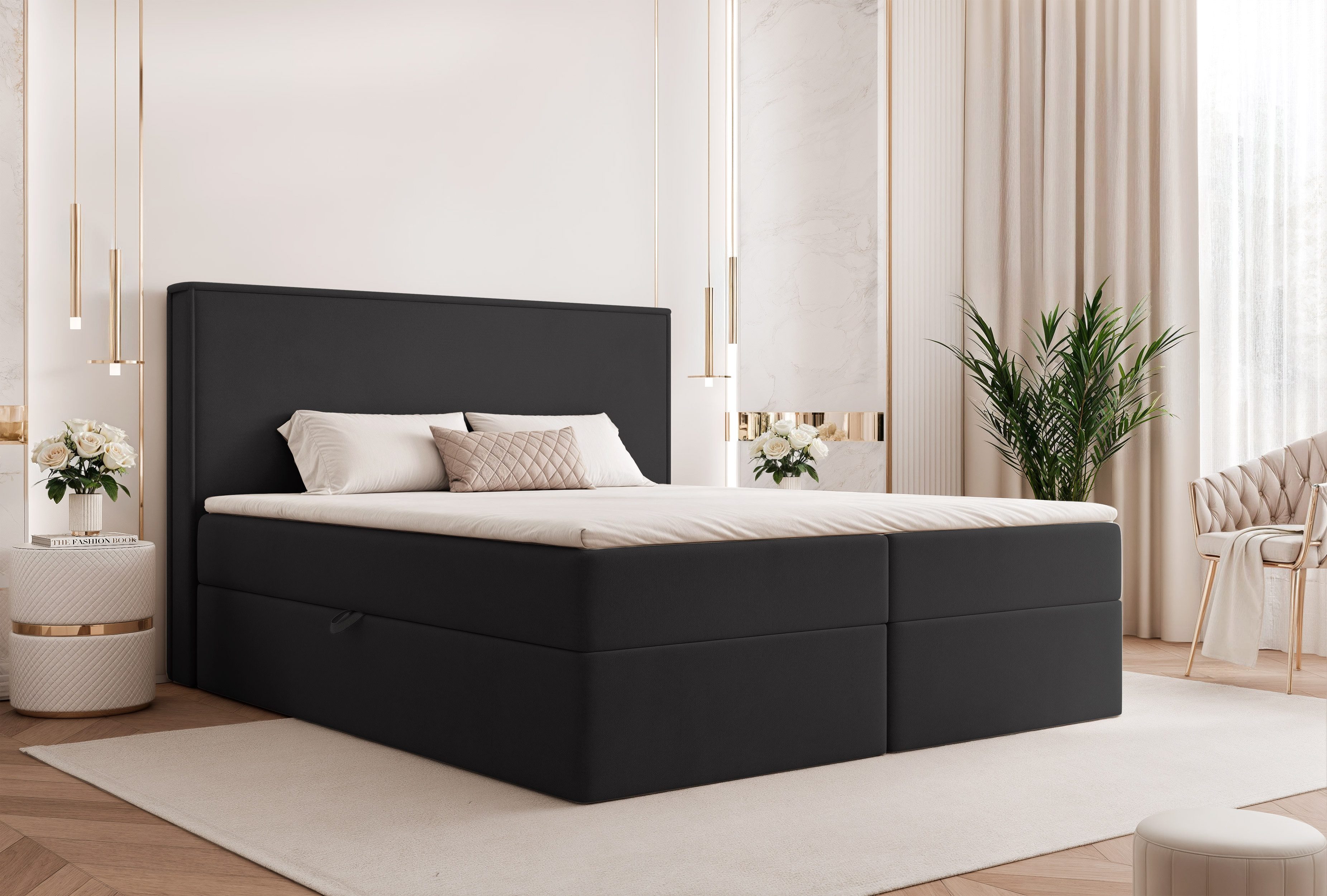 Goldstoff Boxspringbett Modernes Komfortbett "NORDIC DREAM" mit Stauraum & stilvollem Kopfteil (120–200x200 cm, Seitenhöhe: 54 cm), Komfortables Stauraumbett mit Bonellfederkern & Komforthöhe