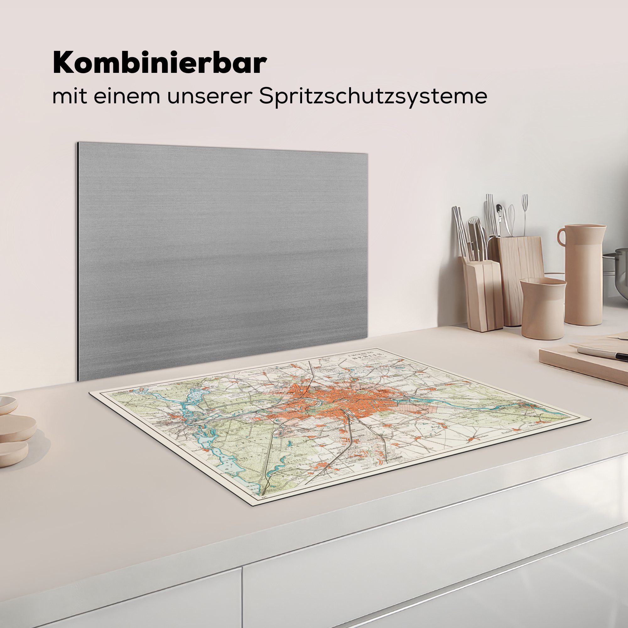 Ceranfeldabdeckung der Arbeitsfläche (1 Karte Umgebung Illustration Vinyl, einer Mobile Herdblende-/Abdeckplatte Berlin, 70x52 tlg), MuchoWow cm, nutzbar, von