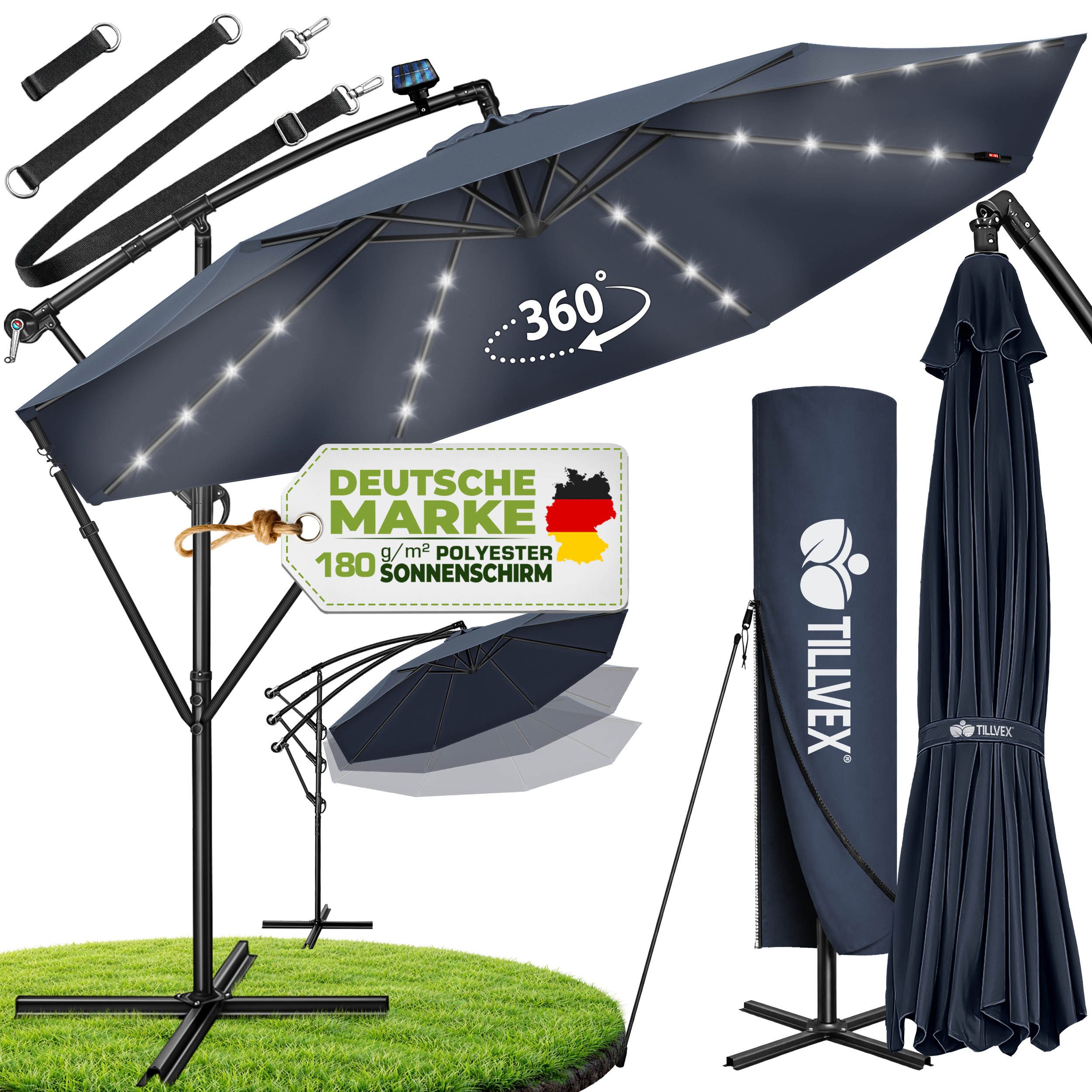 tillvex Sonnenschirm tillvex® Sonnenschirm LED Solar Ø 3m Ampelschirm Balkon Gartenschirm, Alu Ampelschirm + Abdeckung LED Solar Ø 350 cm mit Kurbel, Abdeckung + Ständer, Gartenschirm UV-Schutz Aluminium, Kurbelschirm Marktschirm wasserdicht 360° drehbar