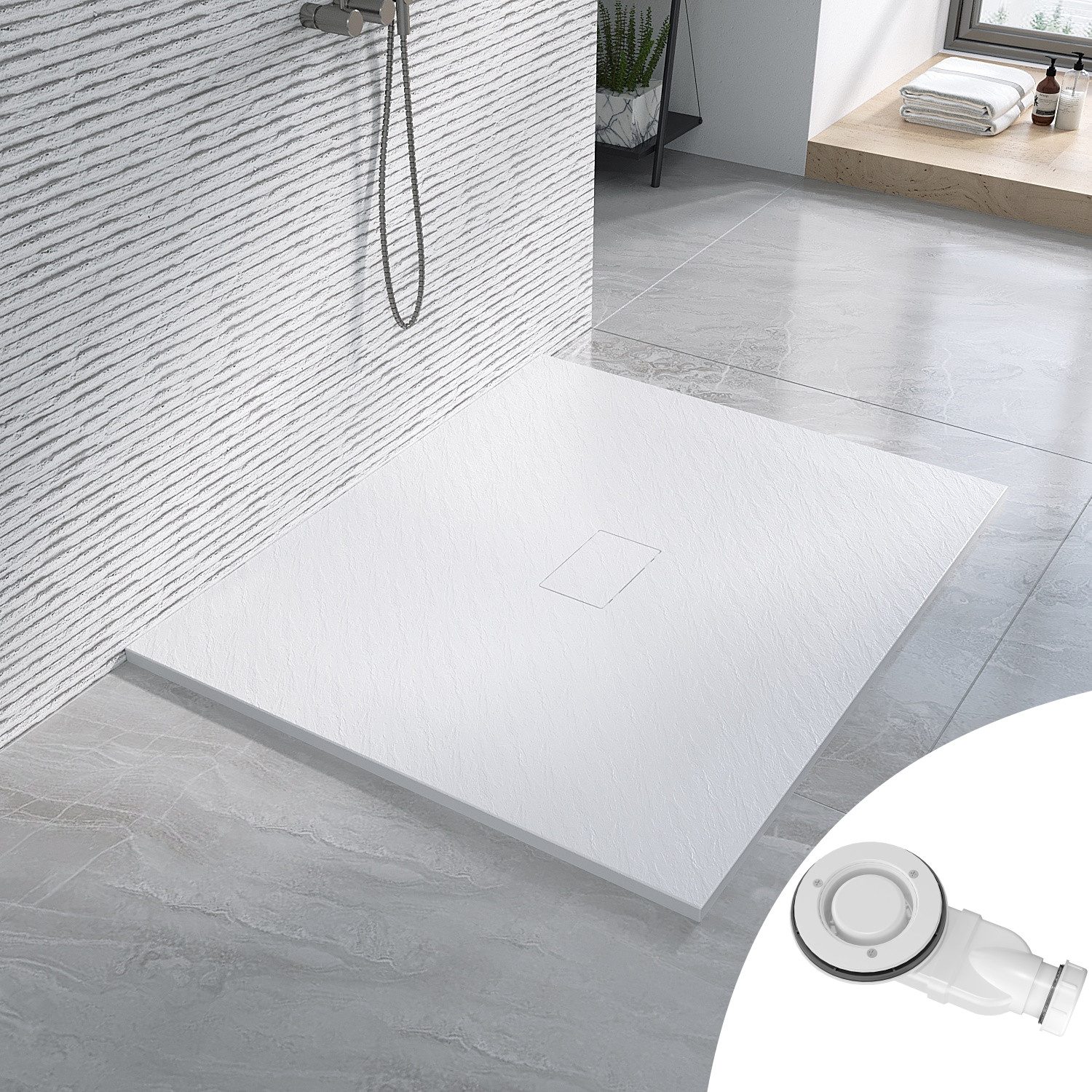 AQUABATOS Rechteckduschwanne Duschwanne 120x100 SMC Duschtasse Eckduschwanne Brausewanne, mit Ablaufgarnitur,weiß,Anti-Rutsch,Zuschneidbar,Steinoptik,superflach,bodenebene Montage,Rechteck