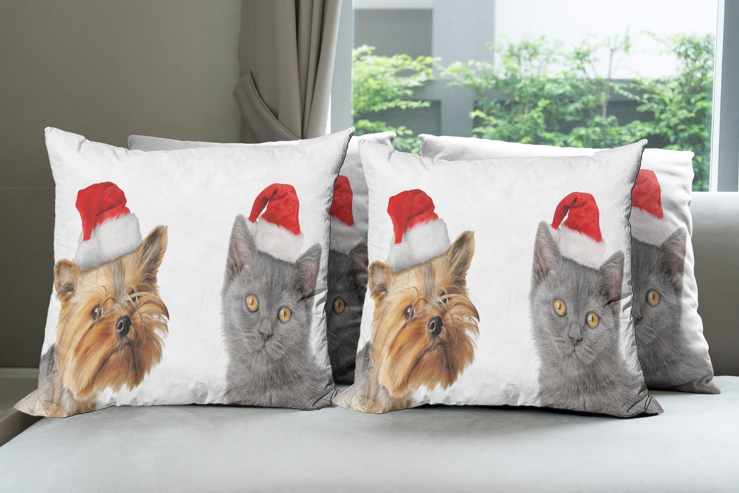 Kissenbezüge Modern Accent Doppelseitiger Stück), Katze Weihnachten (4 Digitaldruck, Abakuhaus Hund Weihnachtsmütze