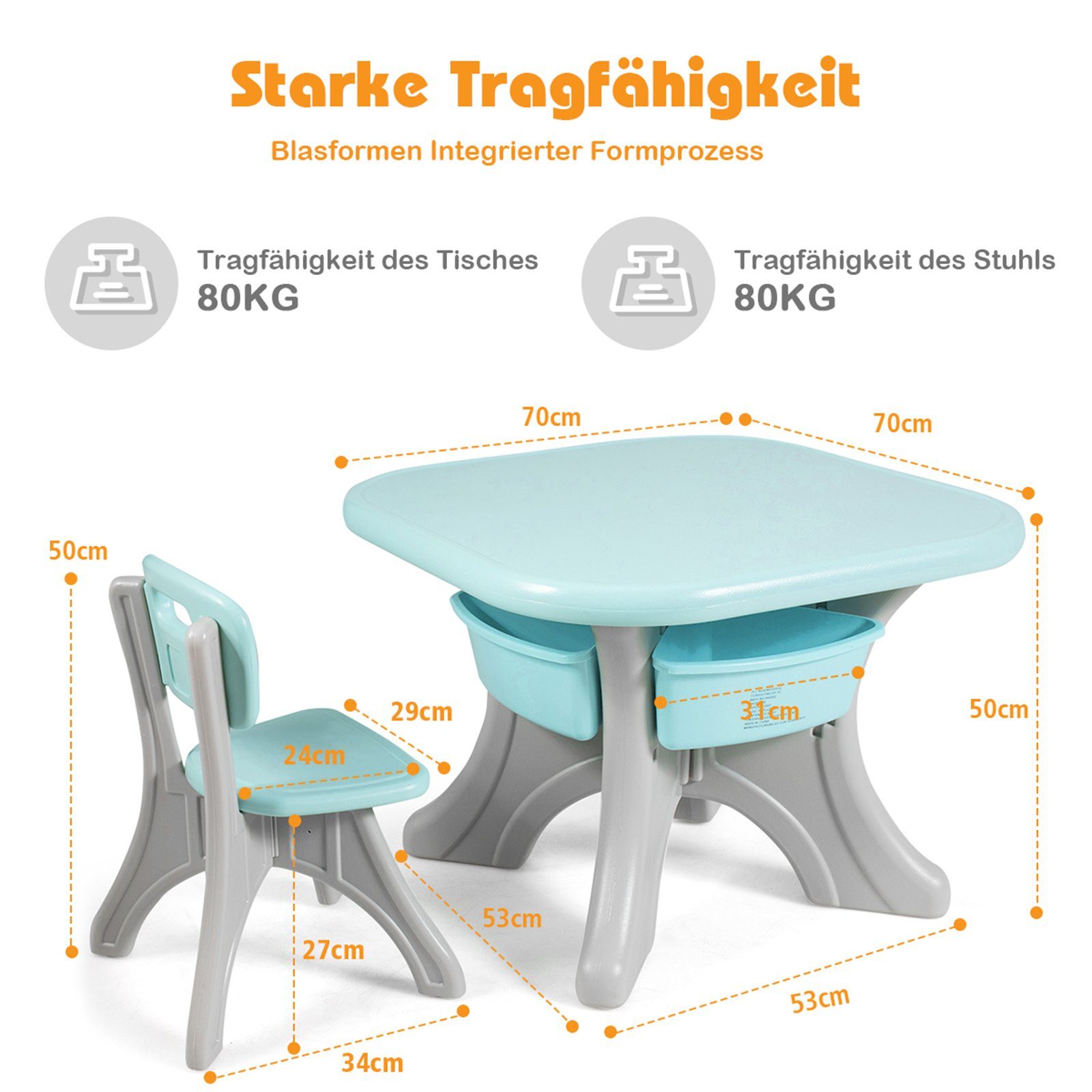 Kunststoff mit 2 Stühlen&Kindertisch, Stauraum, COSTWAY Grün mit Kindersitzgruppe,