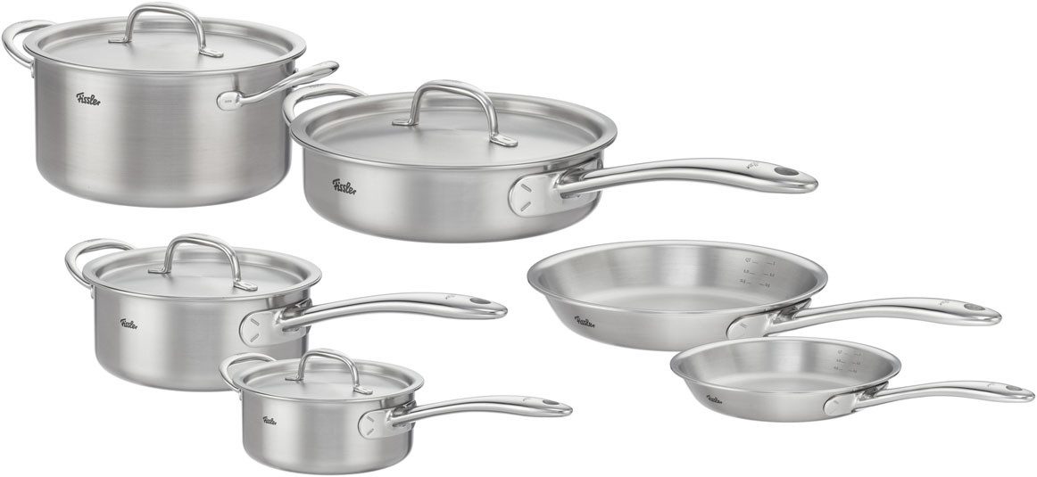 Fissler Topf-Set Fissler M5 Pro-Ply®, Edelstahl-Topfset (10-teilig), Edelstahl 18/10 (Set, 10-tlg., 10-teilig: 2 Bratpfannen, Kochtopf, Sauteuse und Stielkasserollen), 10-teiliges Premium Kochgeschirr mit Pro-Ply™ Technologie