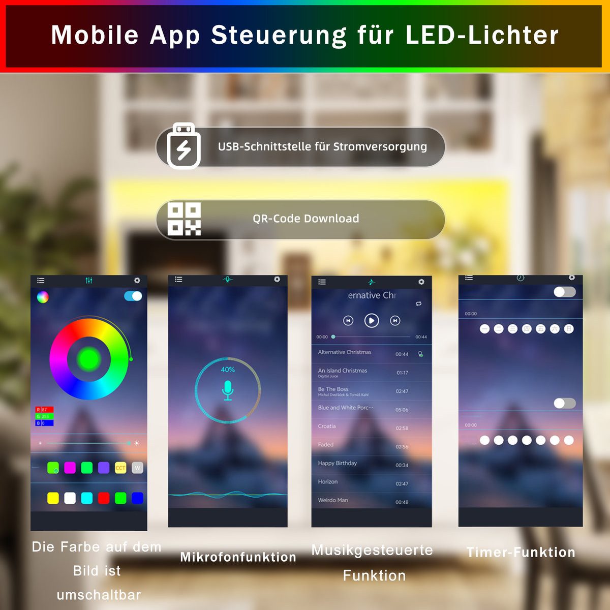 Odikalo Küchenbuffet Küchenschrank Buffetschrank mit App-gesteuerter RGB-LED (140*38.5*180cm mit Glastüren & 4 Schubladen, verstellbare Einlegeböden, Naturholz- – Bild 5 von 5