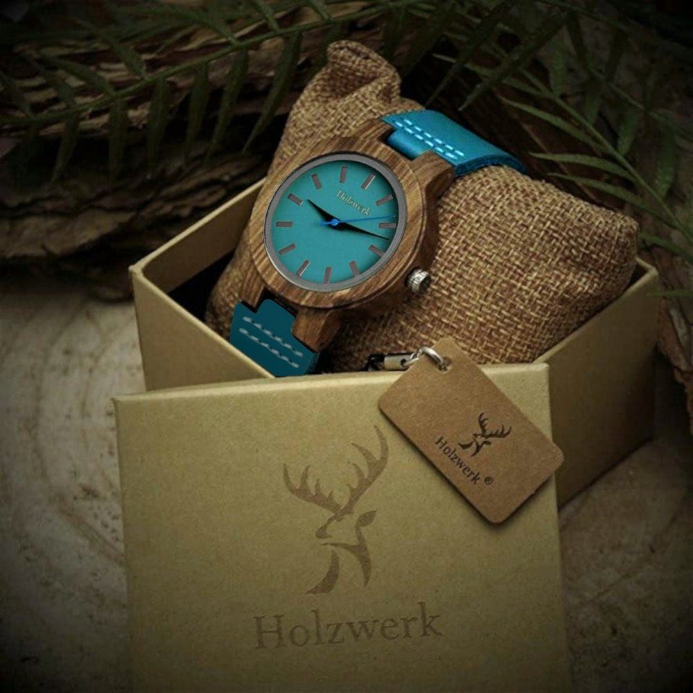 Holzwerk Quarzuhr LIL KAHLA kleine Damen Leder & Holz Armband Uhr in türkis blau & braun