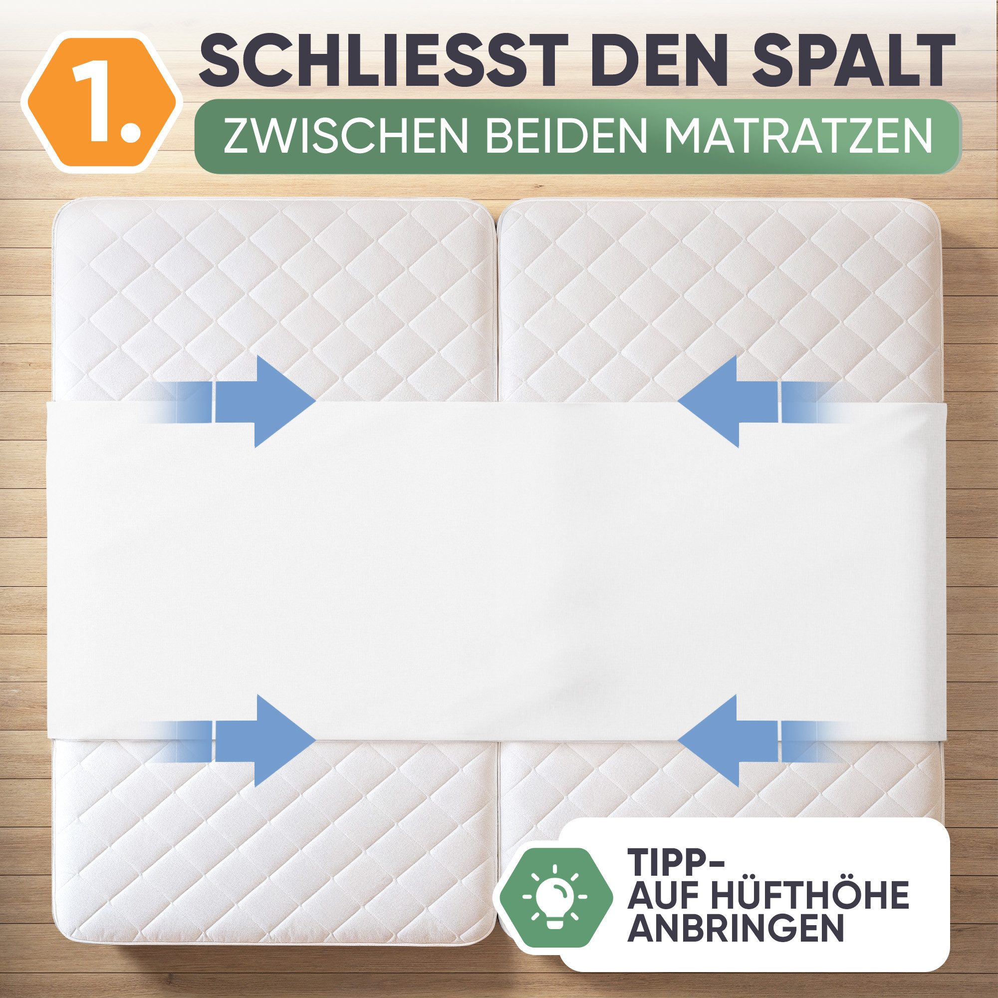 Matratzenkeil Liebesbrücke für Matratzen, festsitzende Matratzenbrücke Blumtal, wasserdichter Matratzenverbinder mit Spanngurten - waschbar bis 60 °C