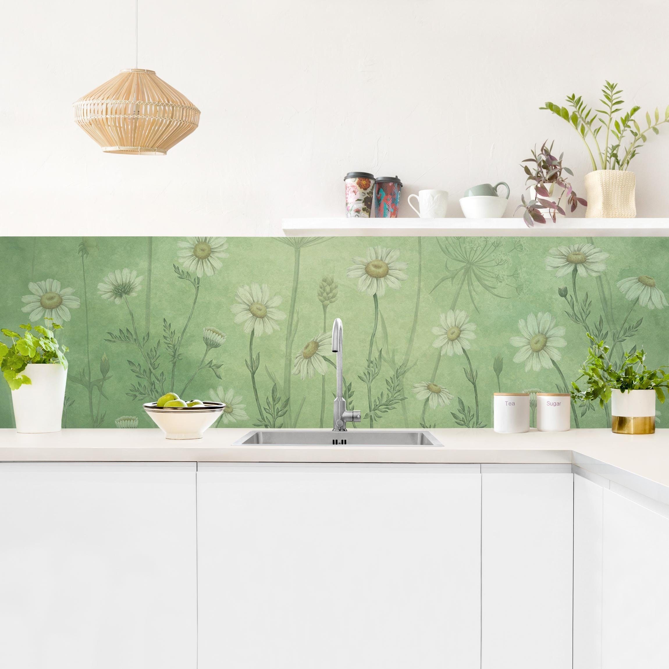Bilderdepot24 Küchenrückwand grün Blumen Natur Gänseblümchen im grünen Nebel, (1-tlg., Nischenrückwand - für Fliesenspiegel ohne Bohren - matt), Spritzschutz Rückwand Küche Herd - Folie selbstklebend versch. Größen