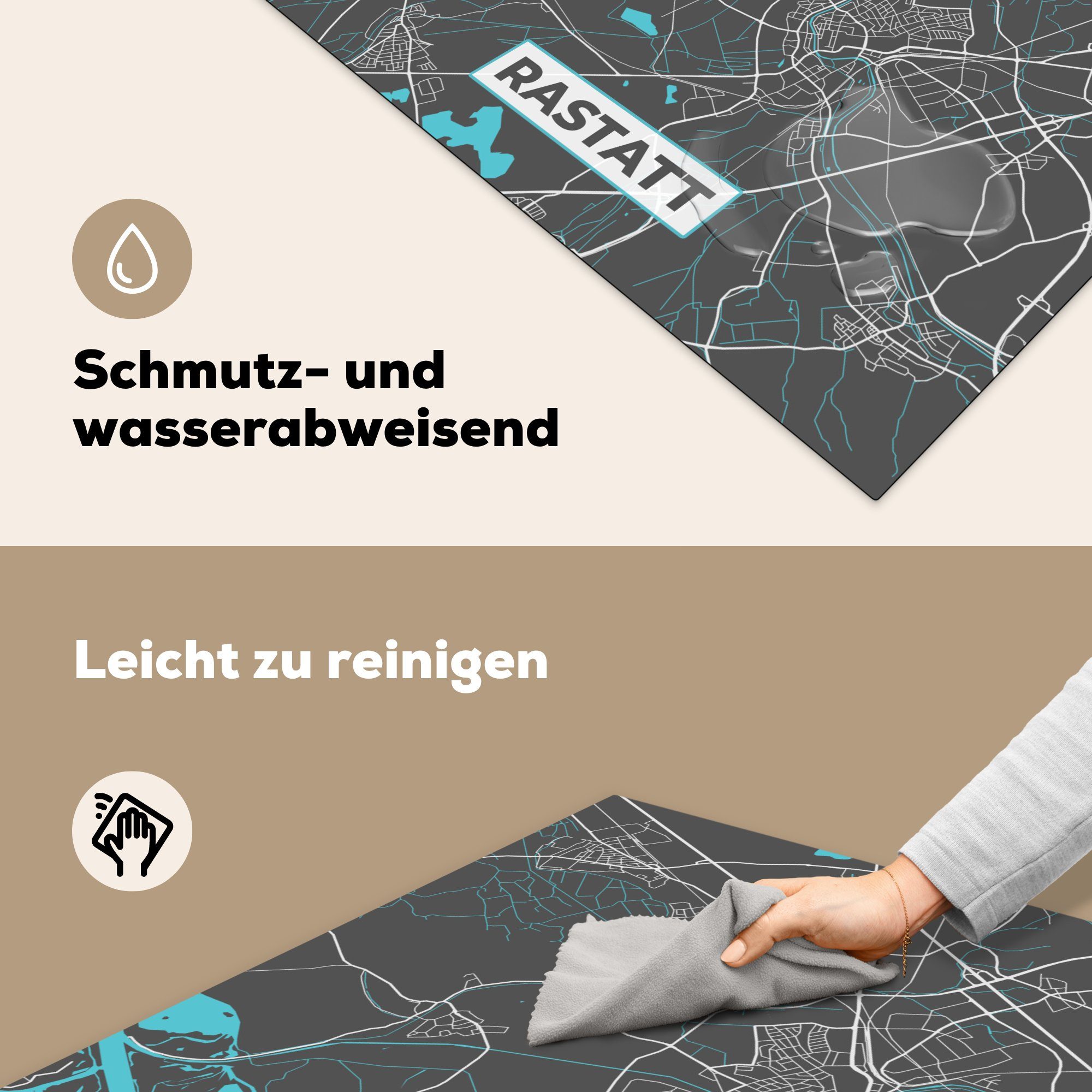 Karte, 78x78 cm, - Deutschland (1 - Herdblende-/Abdeckplatte für Stadtplan Arbeitsplatte Vinyl, MuchoWow - tlg), - küche Rastatt Ceranfeldabdeckung, Blau