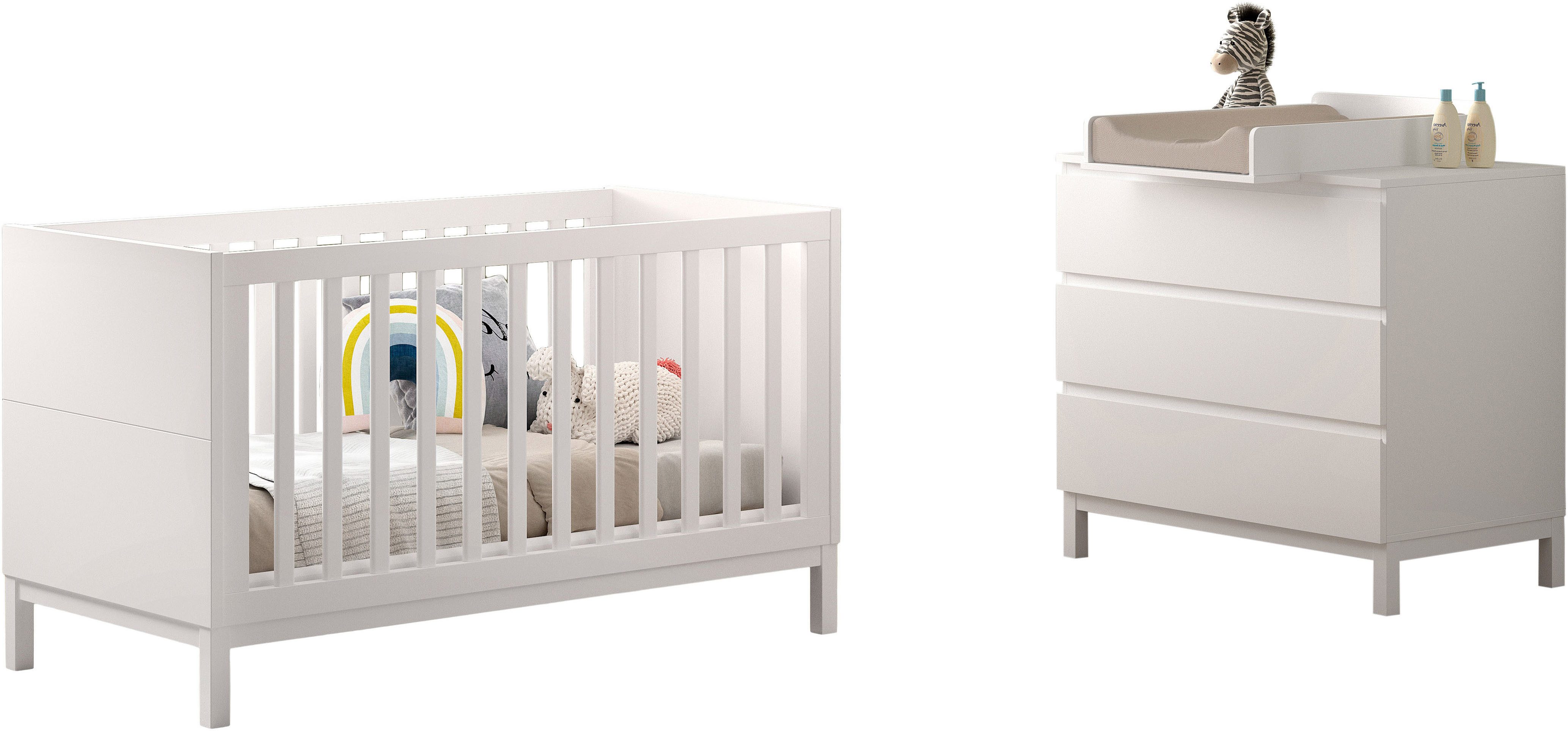 Vipack Babymöbel-Set Set best. aus Babybett 70/140, Kommode 3 Schubladen, Wickelaufsatz, (3-tlg), in gradlinigem Design, pflegeleichte lackierte Oberfläche in Weiß