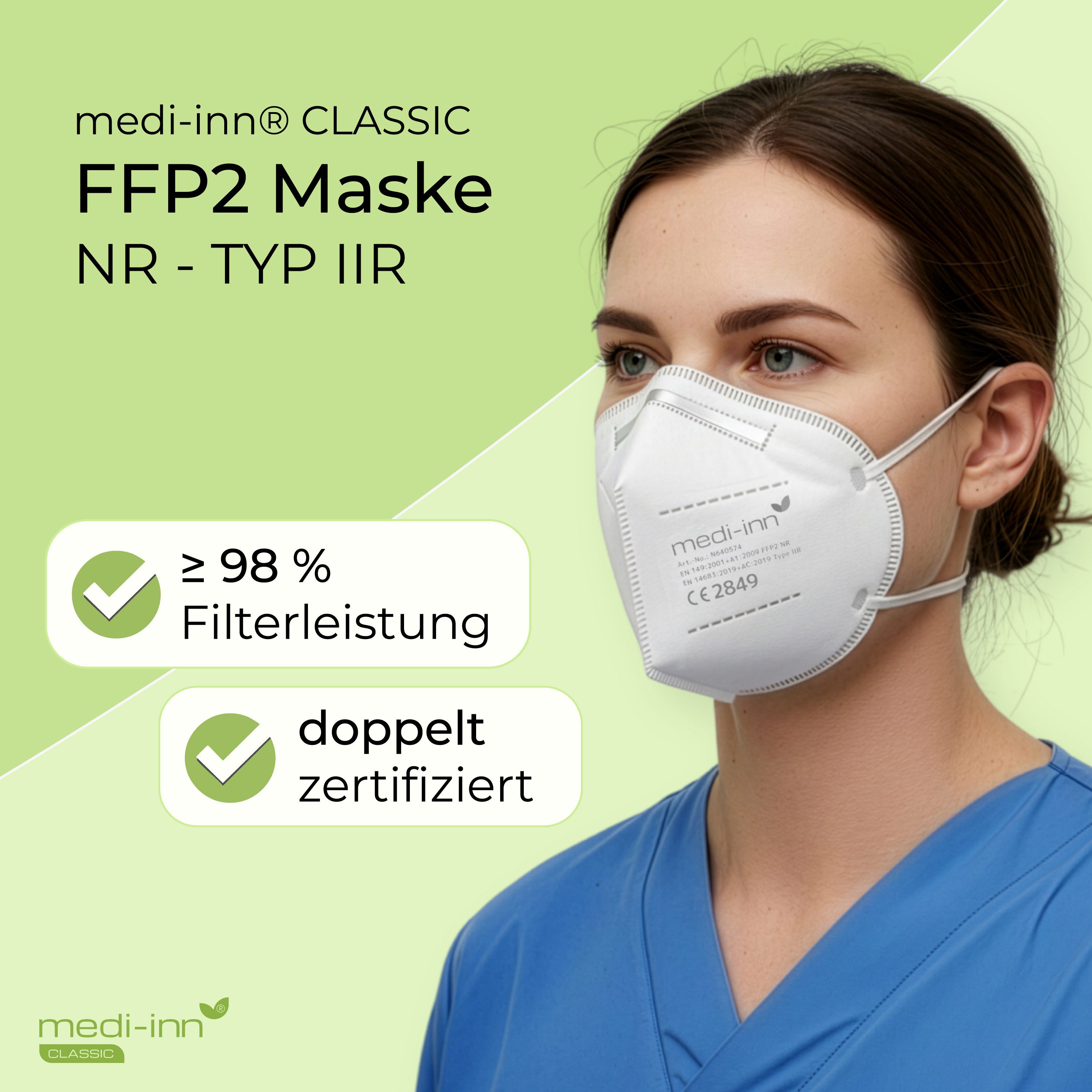 Medi-Inn CLASSIC Filtrierende Halbmasken FFP2 Atemschutzmasken FFP2 NR, Typ IIR, 3-lagig, weiß, 50-St.