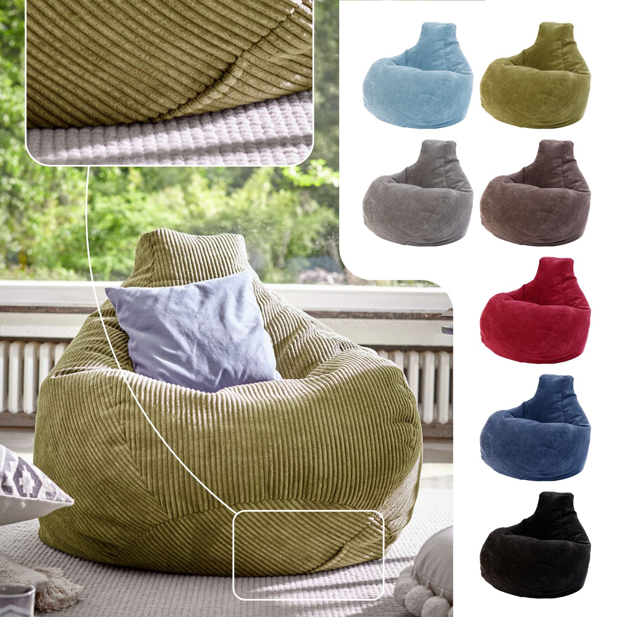 Green Bean Sitzsack Sitzsack Cozy Cord mit Rückenlehne (Indoor, waschbarer Bezug), Bean Bag Bodenkissen Lounge Sitzhocker Relax-Sessel Gamer Gamingstuhl
