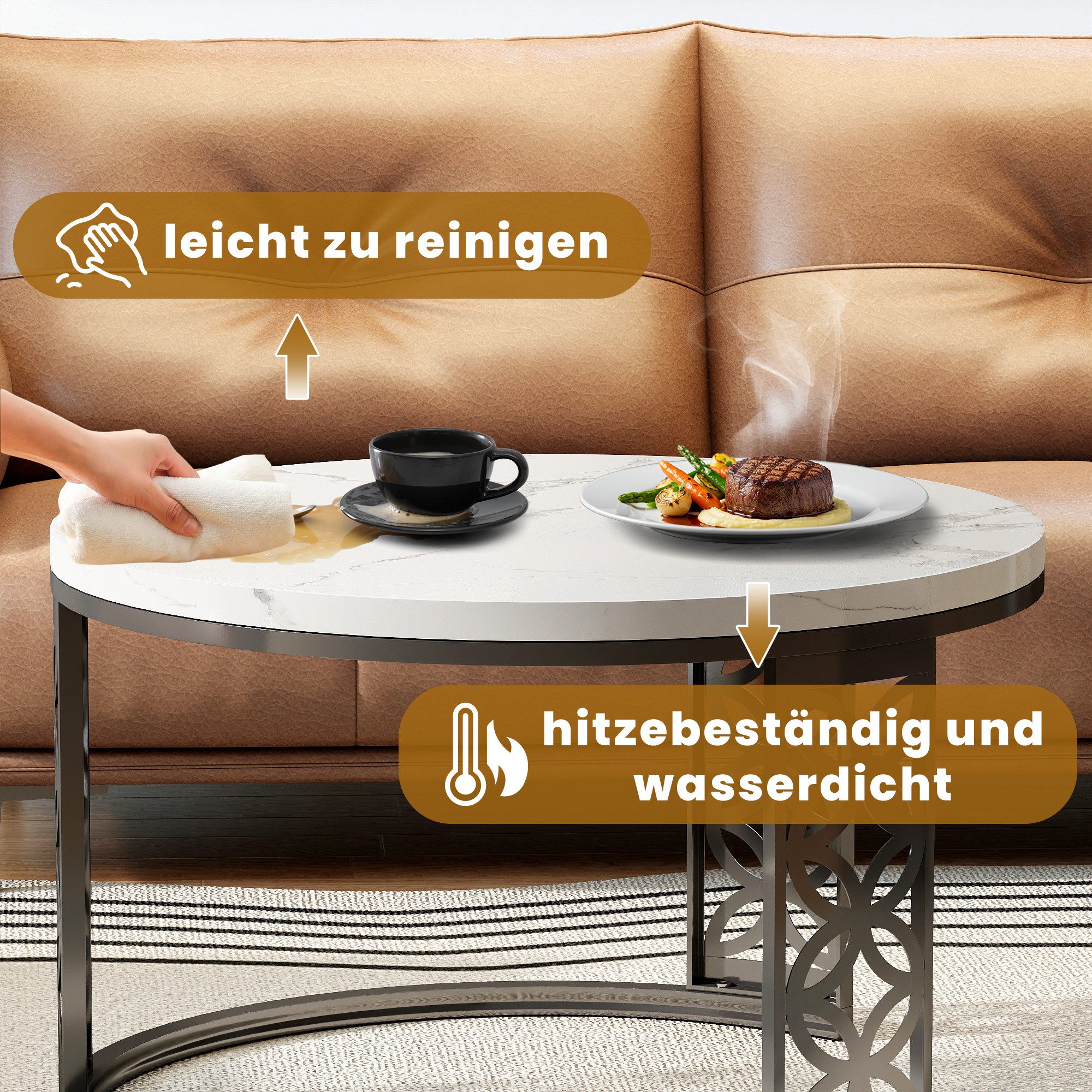 STILVORA Couchtisch Wohnzimmertische runde Satztisch Marmoroptik mit Bodenschutz,Sofatisch (Platzsparendes Design), Hitzebeständige, leicht zu reinigende Deskto – Bild 5 von 5