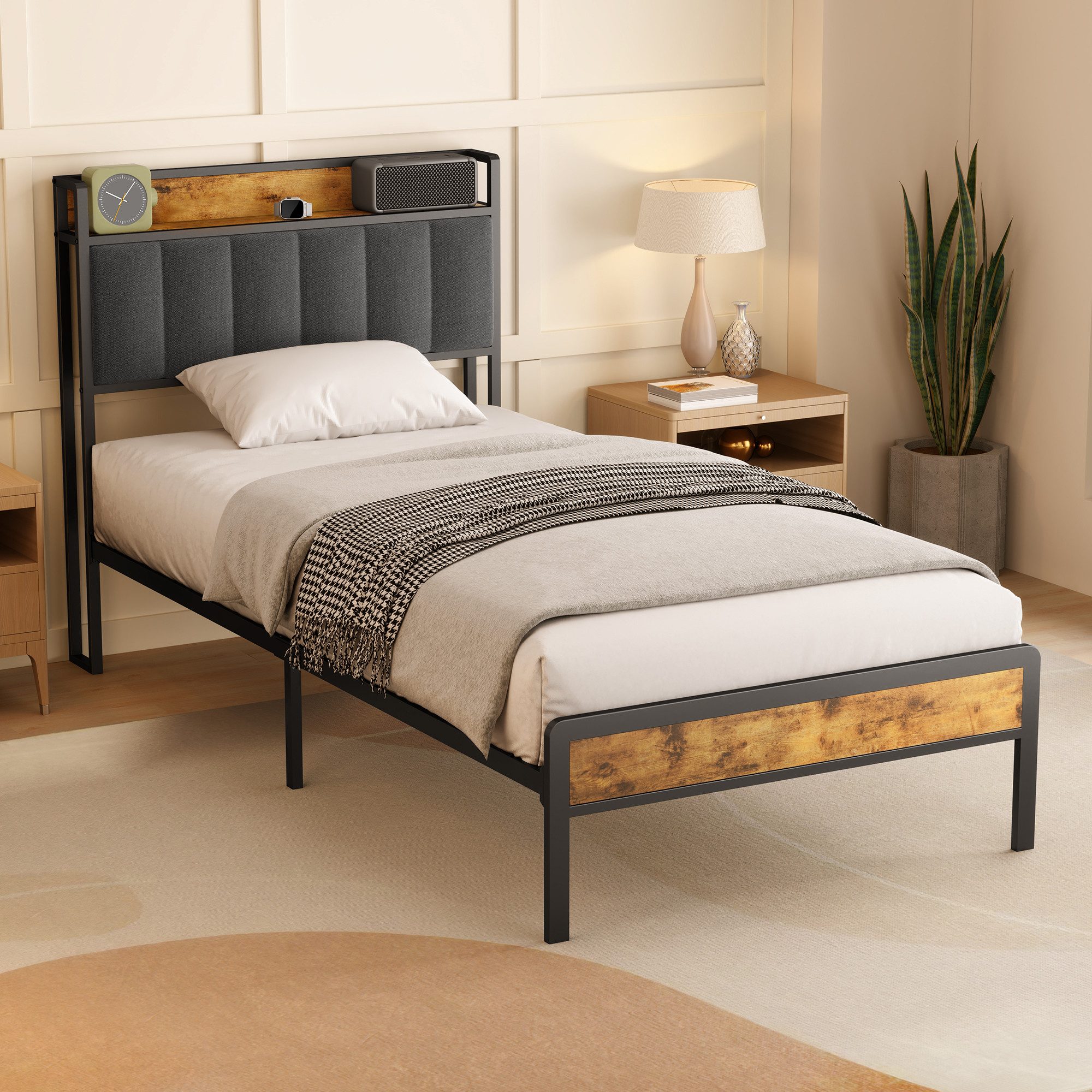Bealife Polsterbett Einzelbett,Bettgestell mit Kopfteil,Holzbett mit Metall (90x200/120x200/140x200cm)
