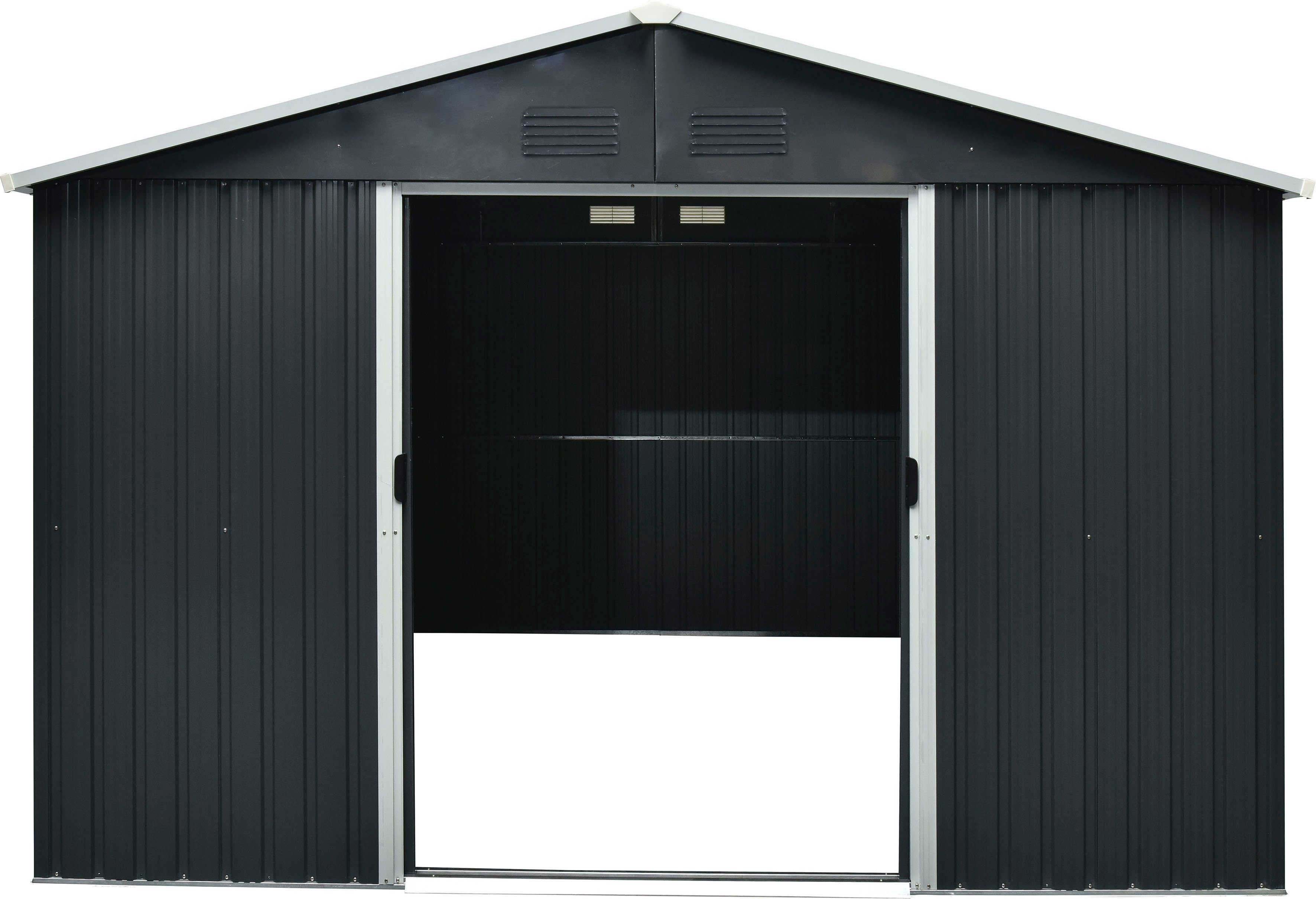 Pergart Gerätehaus Dresden II 1012, BxT: 291x355 cm, Metall, mit Satteldach und integrierter Schiebetür, schiefer/creme