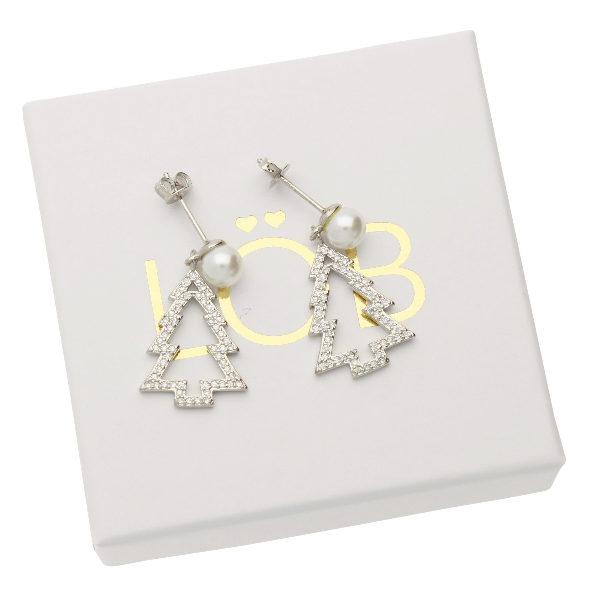 LÖB Paar Ohrhänger 750er Weißgold Vergoldet Ohrstecker Weihnachtsbaum Perlen Silber Weiß (Geschenke für Frauen Beste Freundin Mutter Mama Damen zum Geburtstag Weihnachten Weihnachtsgeschenke, Inkl. Schmuckbox), Tannenbaum Ohrringe Hängend Weihnachtsohrringe Weihnachtsmotiv Schmuck