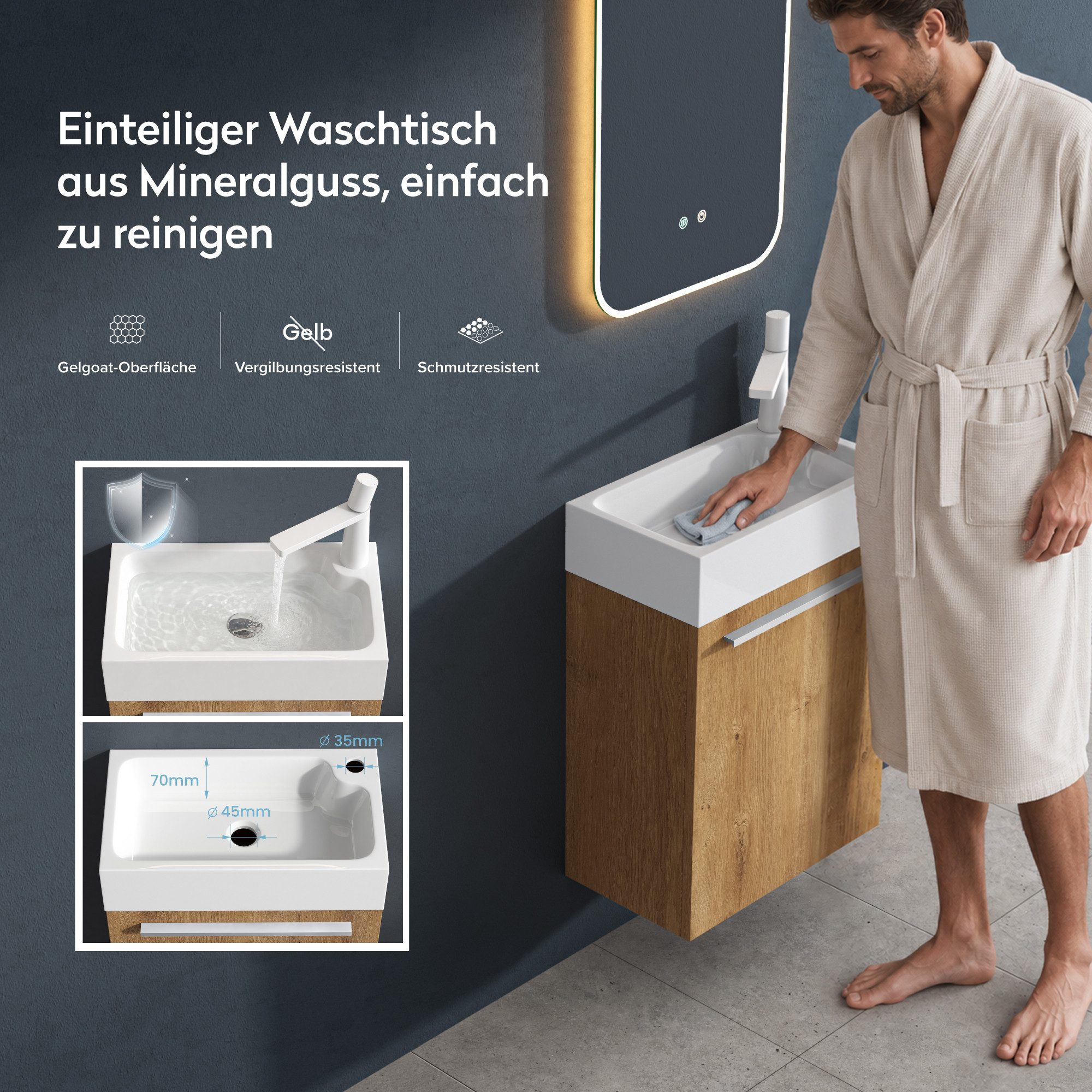 doporro Badezimmer-Set Waschtisch mit Unterschrank Gäste-WC E1-Platte Holzbeschichtung PISA, 46cm Breite, wasserdicht – Bild 4 von 5