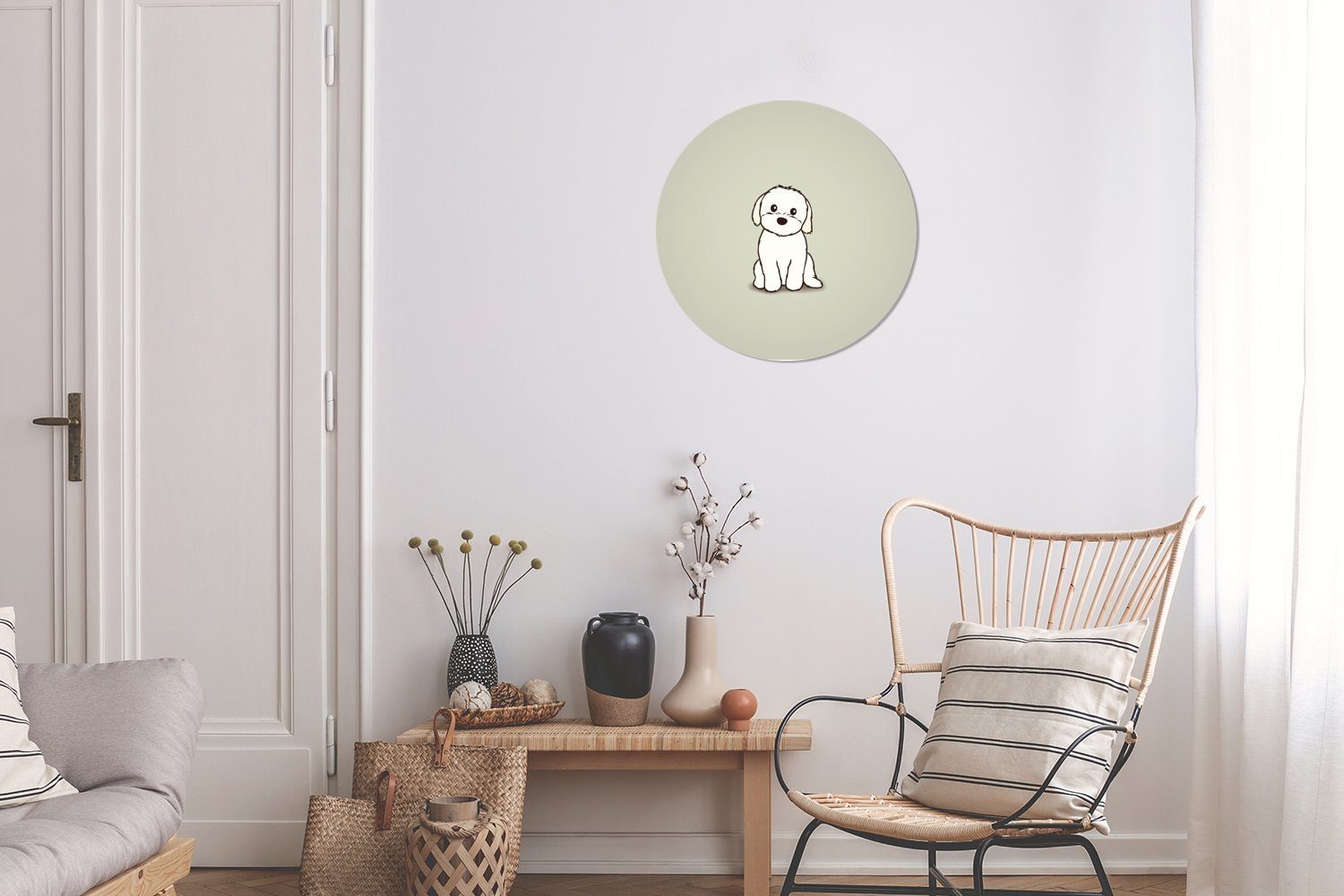 MuchoWow Wandsticker (1 Rund, Eine Tapetenaufkleber, Tapetenkreis eines Illustration für Wohnzimmer St), Welpen Kinderzimmer, weißen