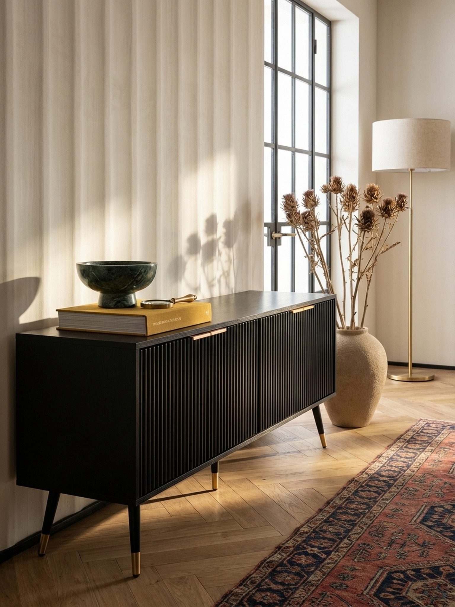 KADIMA DESIGN Lowboard Lowboard Schwarz mit Eiche-Dekor 150x60x39 cm TV-Kommode Modern, (Fernsehkommode Wohnzimmer), Design TV-Schrank Hoch, Fernsehtisch Fernsehschrank mit Türen