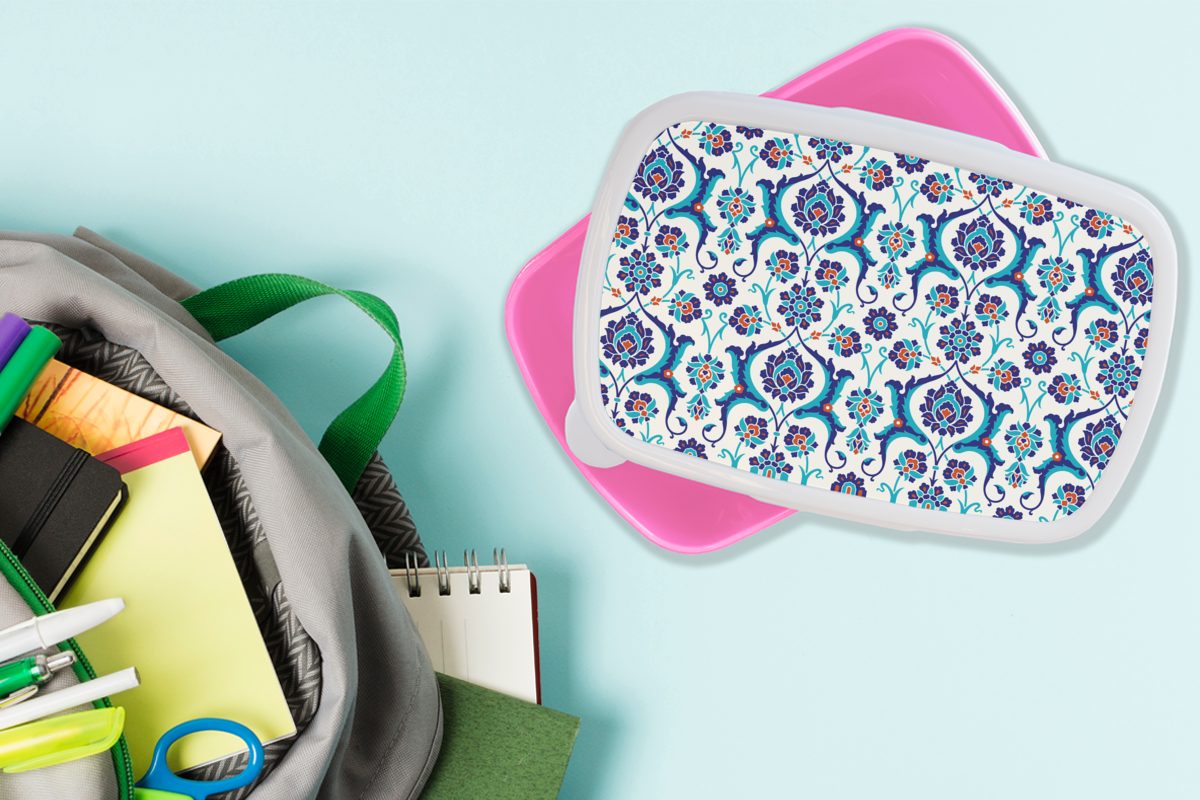 MuchoWow Lunchbox Blumen - Kunststoff, Erwachsene, Brotdose Brotbox - für (2-tlg), rosa Kunststoff Kinder, Muster Mädchen, Blau, Snackbox