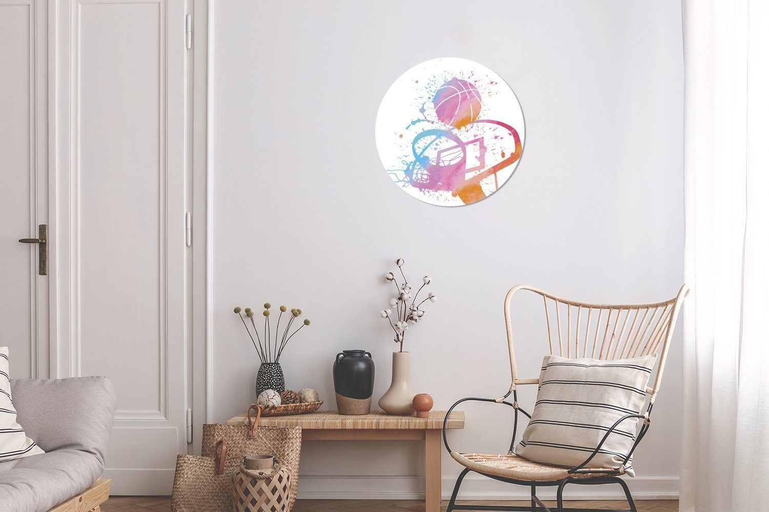 Rundes Wohnzimmer, (1 cm Basketballs mit Forex, Wandbild, MuchoWow Aquarellierte St), eines Gemälde Korb, 30x30 Wanddekoration Illustration Kreis