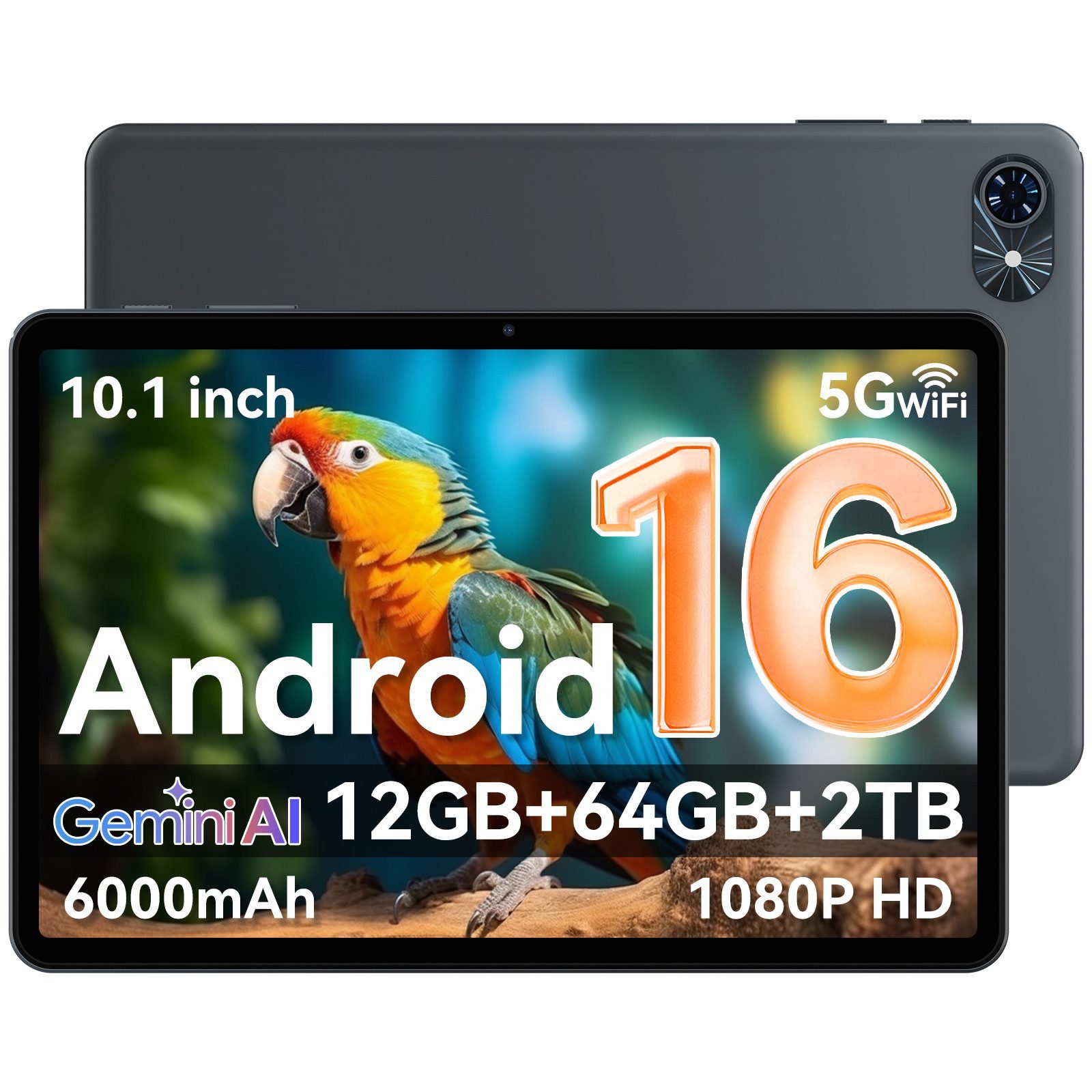 TABWEE 10,1 Zoll Tablet Android 16 12(4+8)GB+64/128GB, 6000mAh WLAN Tablet (10,1", Android16, 5G wifi, Android 16, Gemini AI, PC-Modus)