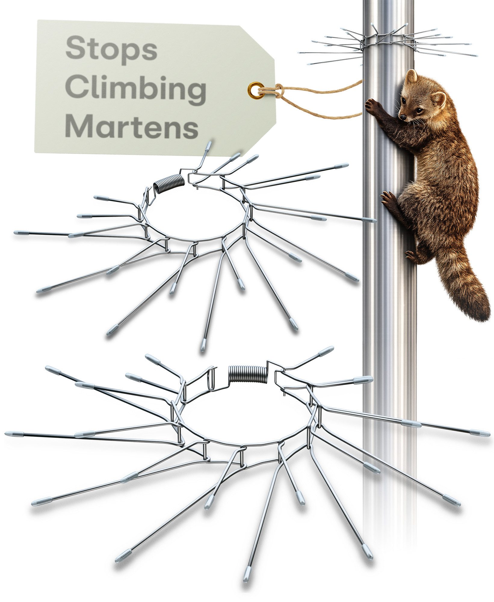 Praknu Marder-Schutzgitter Marderschutz Fallrohr 2er Set Edelstahl-Spikes verstellbar 100mm, 2er Set in Box, 2er Set in Box: 20 Spikes + 2 Federn + Schutzkappen, Gürtel Ø100 mm, Ø100 mm Gürtel Edelstahl, Spikes 15/10 mm, wetterfest – Rohr
