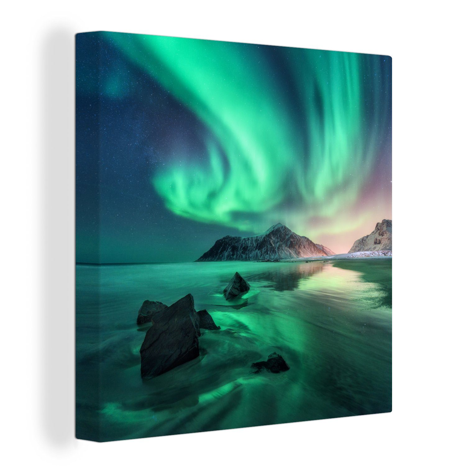 OneMillionCanvasses® Leinwandbild Nordlichter - Nacht - Reflexion - Norwegen, (1 St), Leinwand Bilder für Wohnzimmer Schlafzimmer