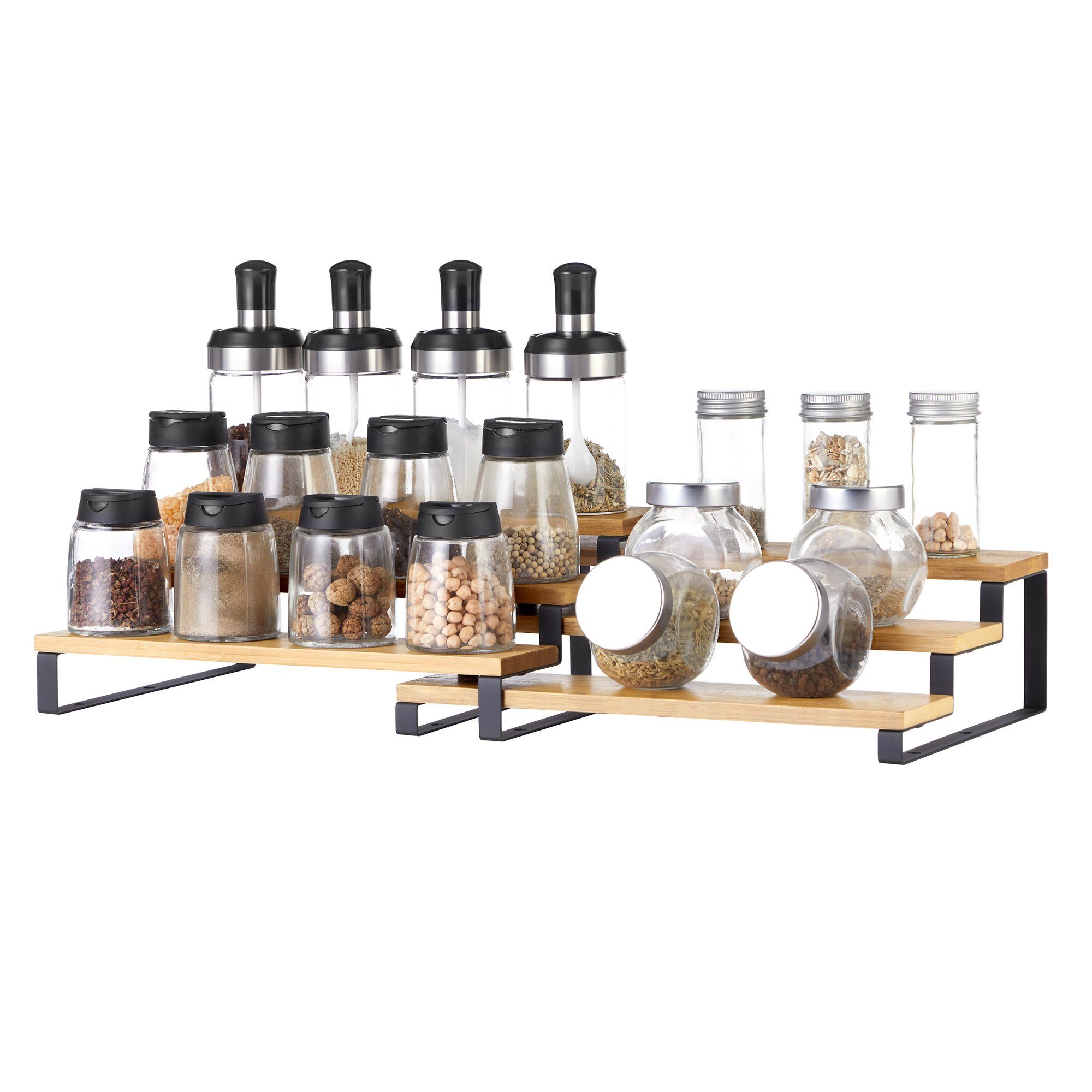 SONGMICS Gewürzregal Küchenregal stehend, Küchen-Organizer, für Speisekammer, Arbeitsplatte, 2-tlg., Holzwerkstoff, je 3 Ablagen, ausziehbar stapelbar, naturfar – Bild 5 von 5