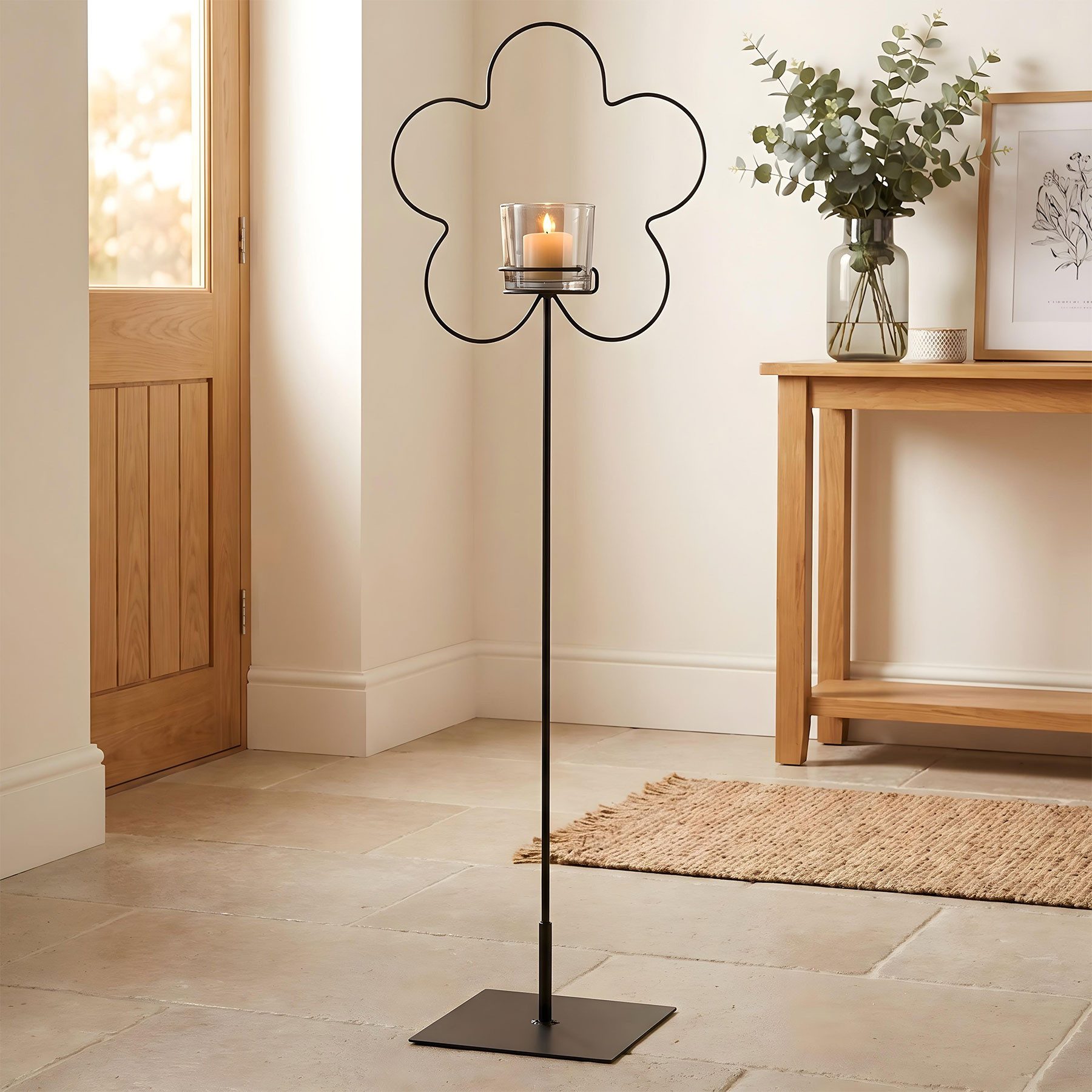 Levandeo® Standkerzenhalter Boden Kerzenhalter H92cm Metall Blume Schwarz Kerzenständer Skandi Des