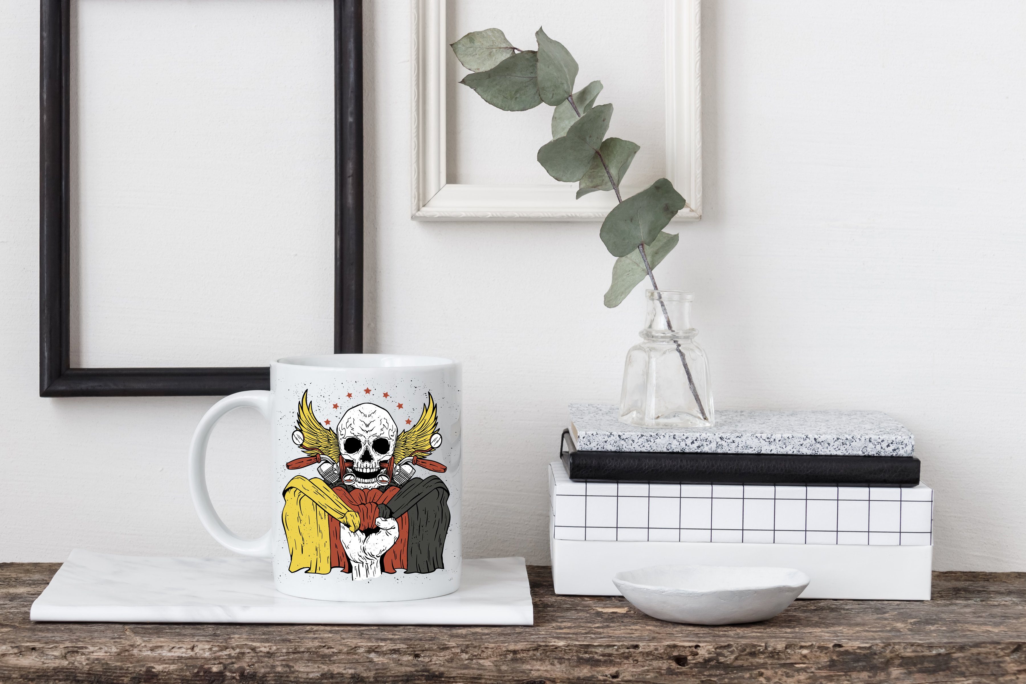 German Youth Geschenk, Designz modischem mit Biker Print Tasse Keramik, Weiß Skull Kaffeetasse