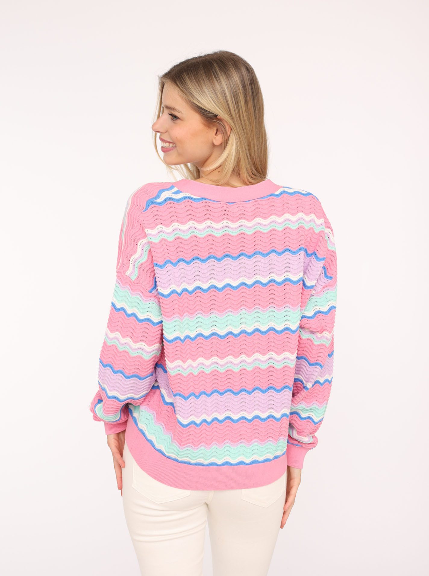 Zwillingsherz Strickjacke Wellen-Muster, Langarm, V-Ausschnitt, Baumwolle, günstig online kaufen